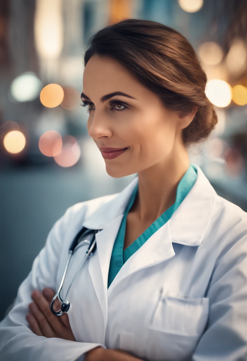 Close-up of a doctor, With a brilliant 5-star rating, your name, a photo of, And in the background of the city.