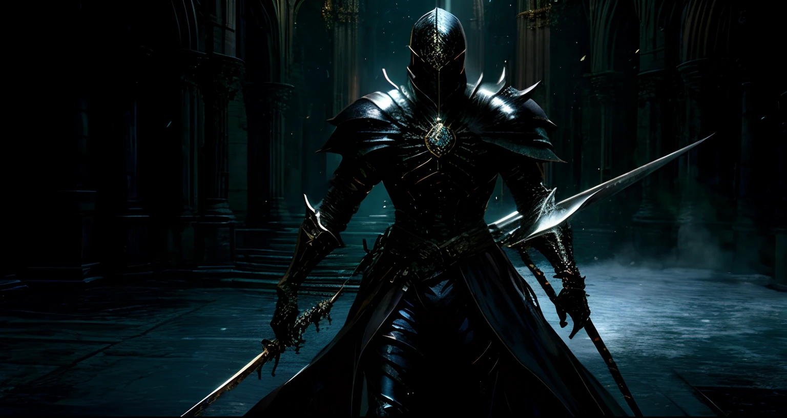 um close up de uma pessoa segurando uma espada em uma sala, do jogo de software, A partir de software, no estilo de Almas Negras 3, Chefe de Dark Souls, chefe de sangue, cavaleiro das almas das trevas, Catedral Bloodborne, O Cavaleiro das Almas Negras, conceito de alma escura, Espada de corrente no outro, Personagem de Dark Souls, Almas Negras 3, Anor Londo, Elden Chefe do Anel