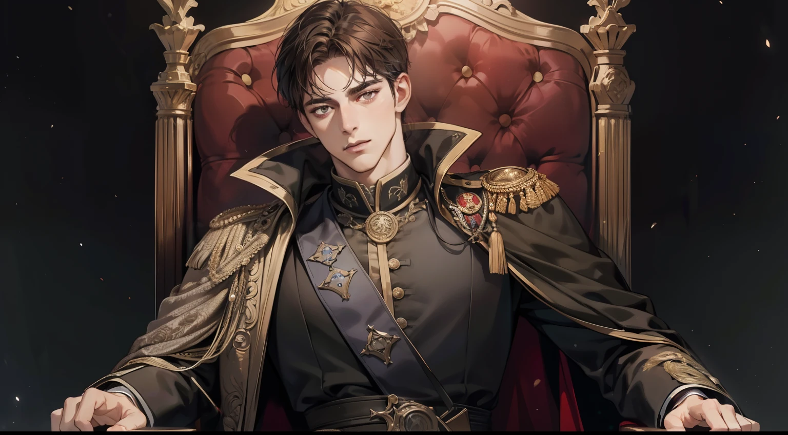 masterpiece, best quality, extremely detailed face, realistic, 1man, mature male, handsome, 25 year old, closed mouth, portrait, extremely detailed face, cold and smirk, ((dark grey eyes)), ((short-right-swept dark brown hair)), [thick eyebrows], dark palace, ((long black cape)), ((all black)), (dark grey eyes), night sky, sitting in the throne.