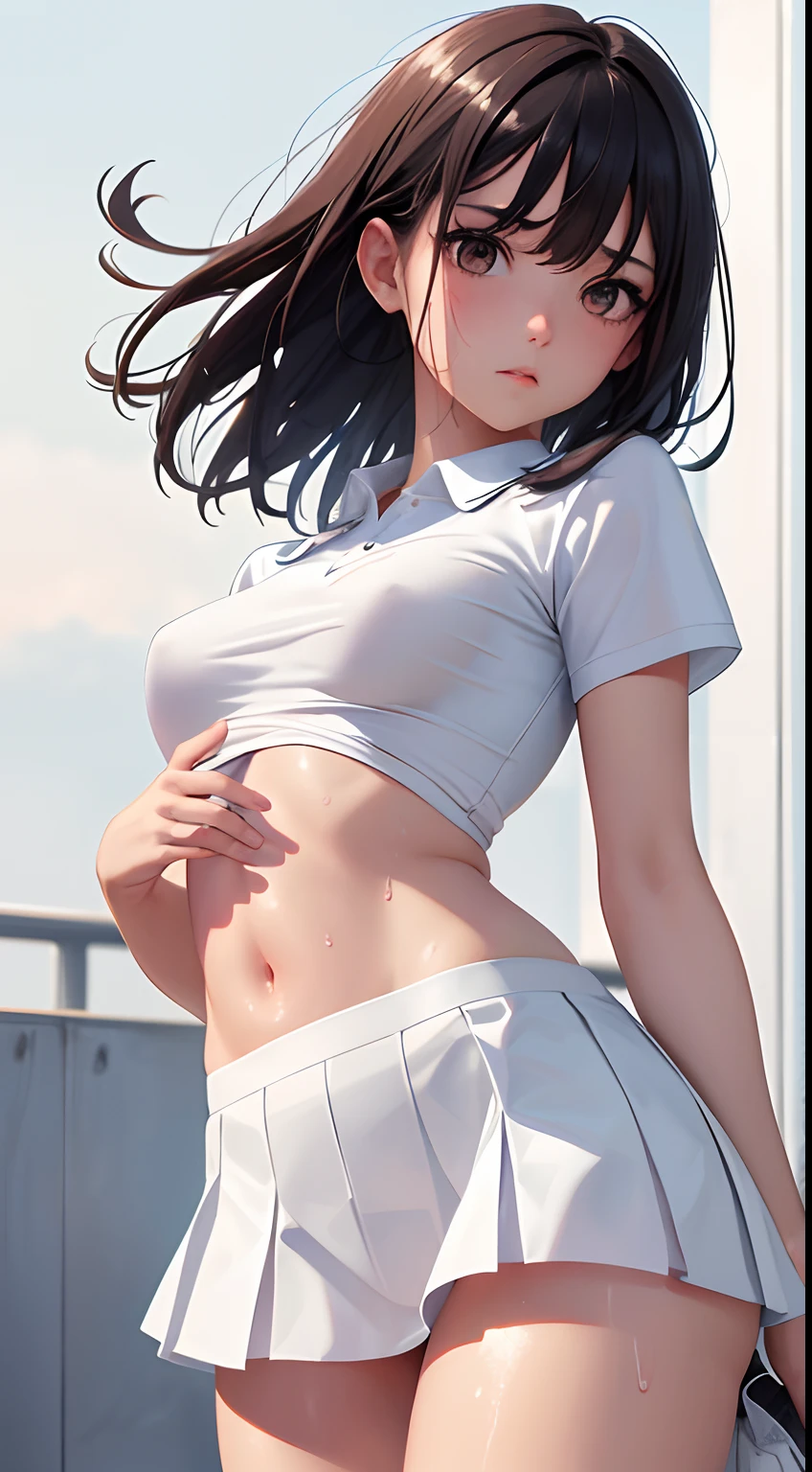 1girl, solo, white polo shirt, white sneakers, tennis wear, white miniskirt, masterpiece, best quality, realistic, hyper-detailed, (shiny skin, sweaty:1.4), absurd, looking at viewer, short black hair, brown eyes, slender, dynamic lighting, high resolution, sharp focus, depth of field, detailed eyes, sharp pupils, realistic pupils, (small breasts:1.6), (thick thighs:1.0), outdoor, sky