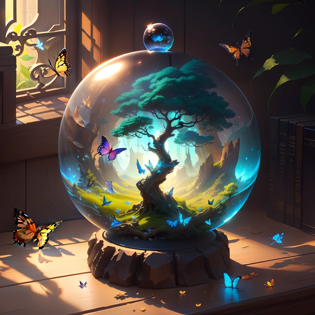 (Masterpiece),(Best quality:1.0), (超高分辨率,), Detailed, A glass ball,There is a tree inside, Digital art, cg society contest winner, Butterflies and sunlight, concept art design illustration, Beautiful digital illustration, Closed ecosystems