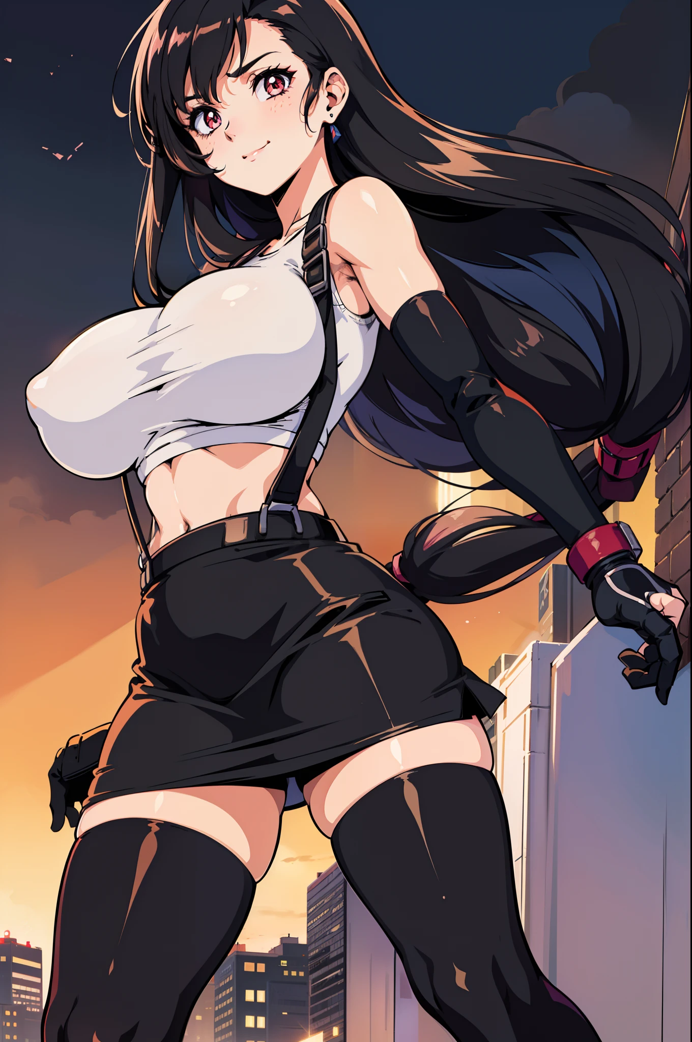 (flat color:1.2), best quality, high resolution, crowd, city, (huge breasts:1.3), retro anime, sharp, Defined lines, Detailed, makeup, Beautiful face, gorgeous eyes, smile, defTifa, white crop top, elbow pad, fingerless gloves, suspenders, pencil skirt, black thigh highs, neontrim, neon lights