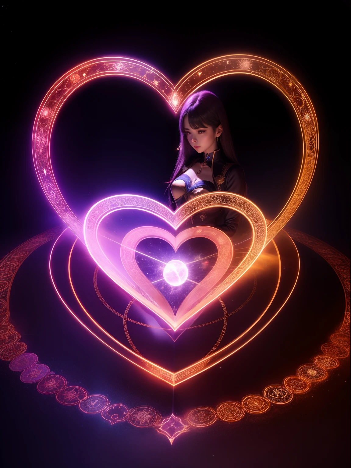 A glowing heart-shaped magic circle、1womanl、kosmos、Heart-shaped magic circle location々star symbol