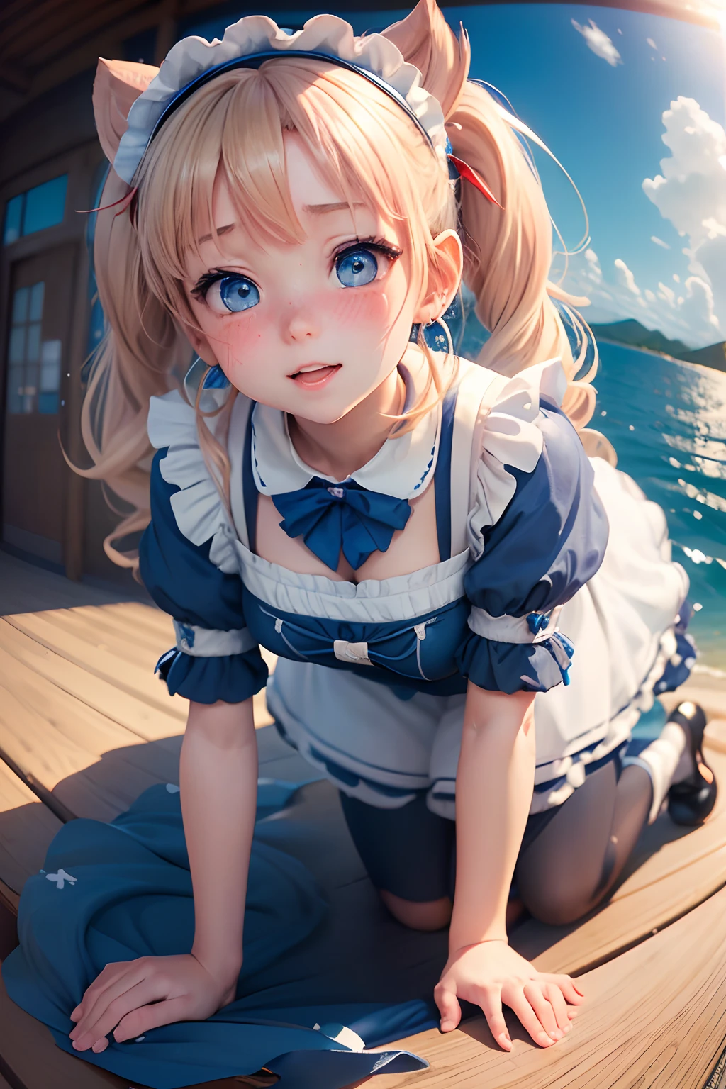 ((render of a cute 3d anime girl,Half moon evening background,((Blue color maid clothes)),Blonde twin tails with red earrings,((all-fours))Floating in the sea and smiling))、Blue eyes float,, Selfie wind, Angle from below,(((Shooting with a fisheye lens))),Angle from the front,Looking up at the sky, a closeup, summertime, 8K portrait rendering, Smooth Anime CG Art, Rin,(((Blushing face,embarrassed from,shout out))),((Look at the viewer and open their mouths))