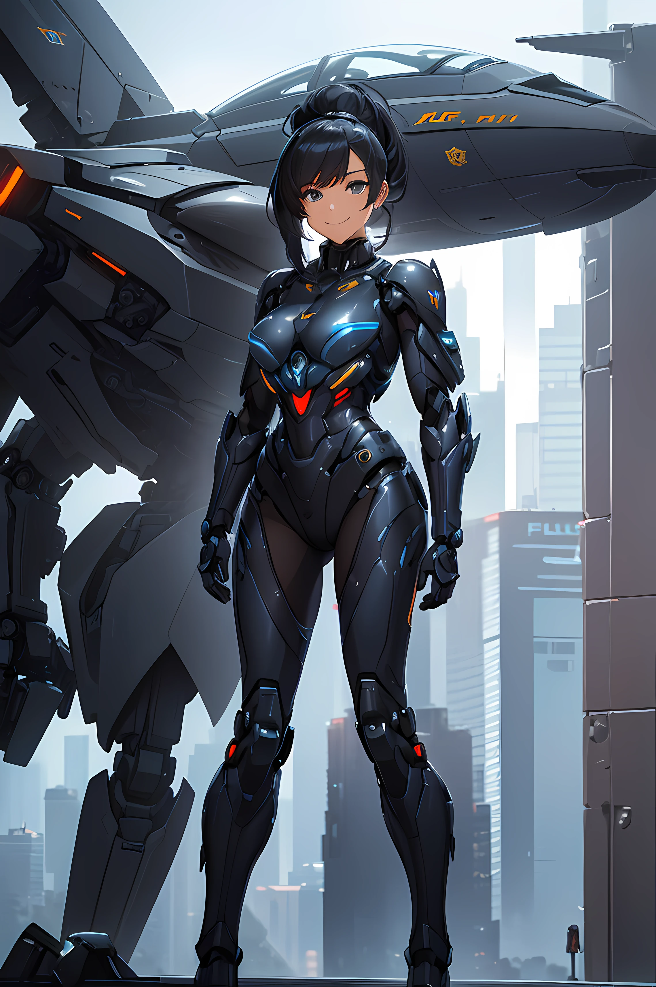 A beautiful Women, ( police), ((sci-fi, body armor, futuristic, full body frame, smile, mecha suit )), royal, beautiful face, black color hair, ponytail hairstyle, beautiful details