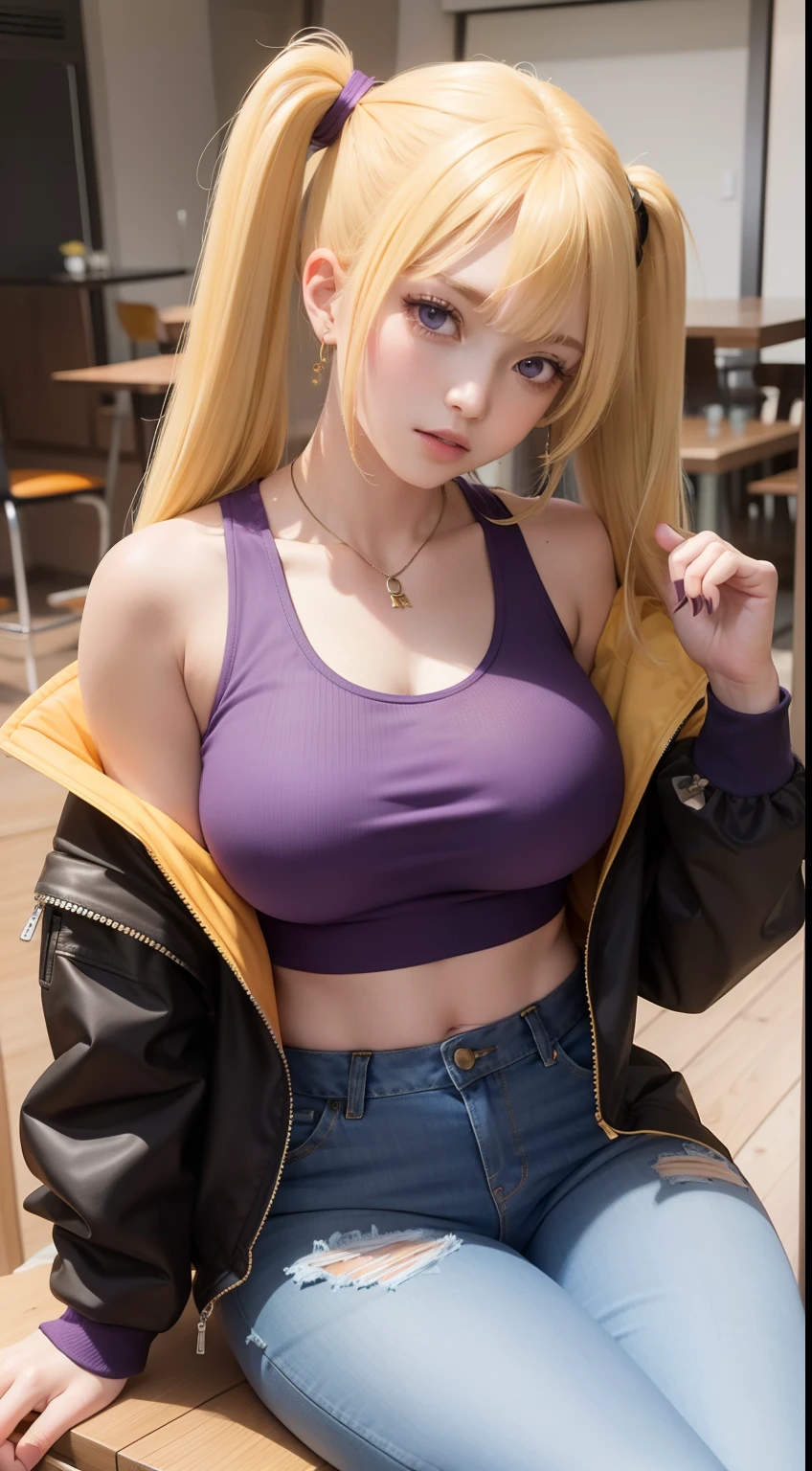 Masterpiece, best quality,8k,huge breast, purple eyes,yellow hair,long hair,twintail hair, black tanktop,purple,jacket,open jacket,short jeans,sitting on table