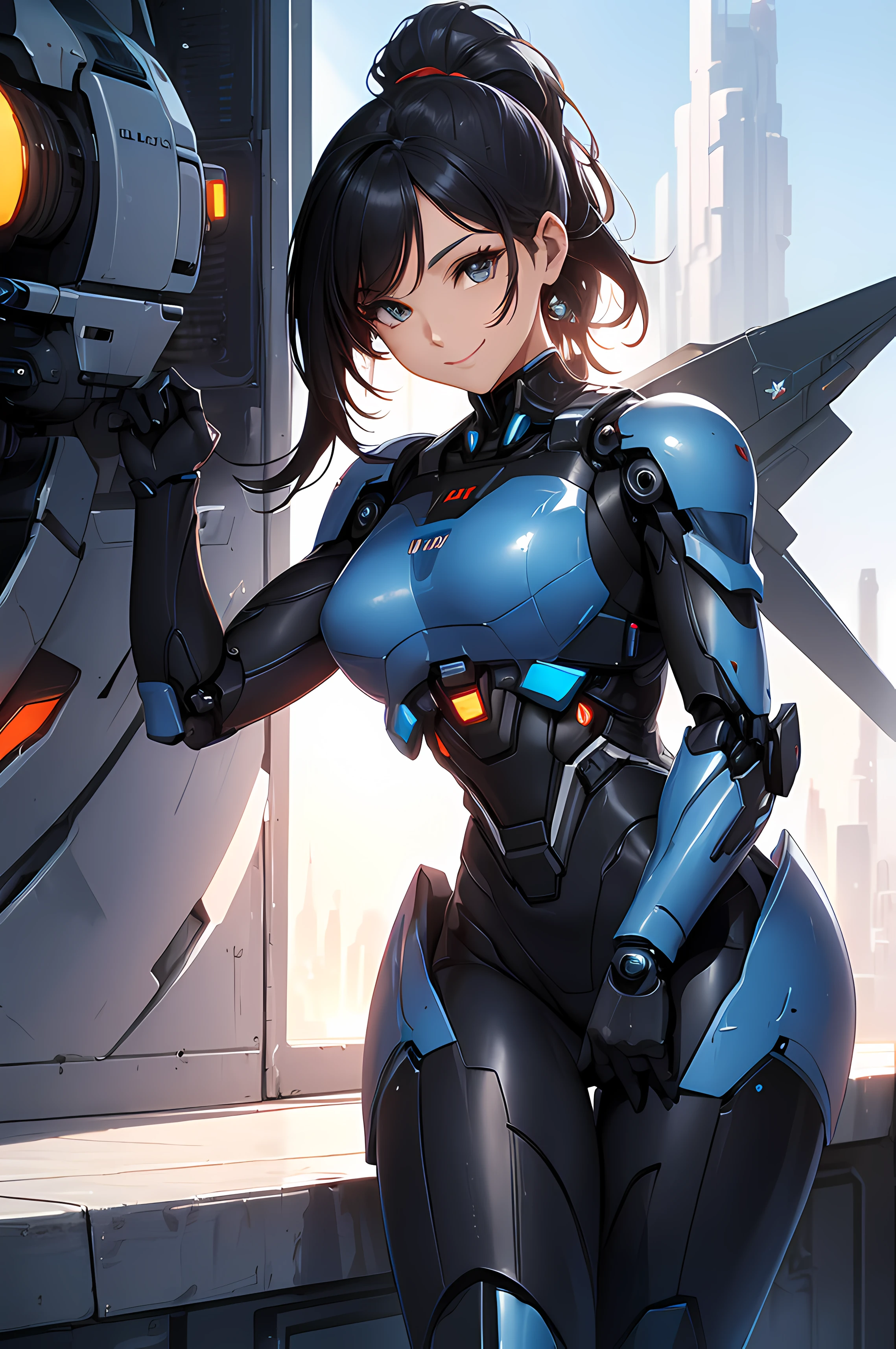 A beautiful Women, ( police), ((sci-fi, body armor, futuristic, full body frame, smile, mecha suit )), royal, beautiful face, black color hair, ponytail hairstyle, beautiful details