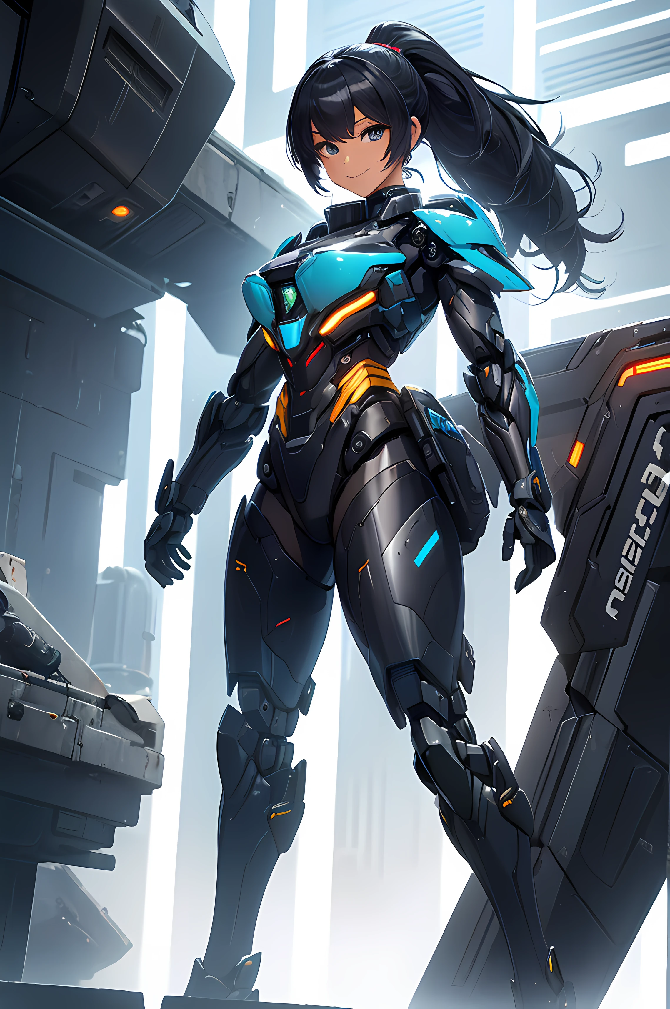 A beautiful Women, ( police), ((sci-fi, body armor, futuristic, full body frame, smile, mecha suit )), royal, beautiful face, black color hair, ponytail hairstyle, beautiful details