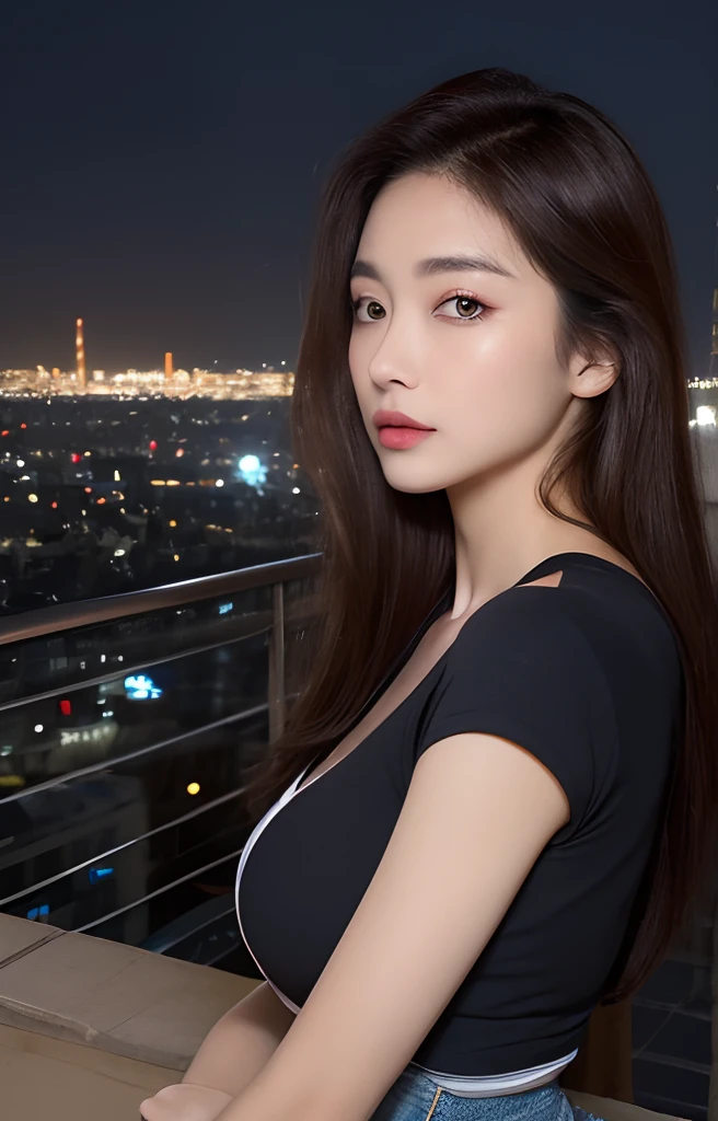 ((Best quality, 8k, Masterpiece: 1.3)), Selfie, Sharp focus: 1.2, Cute beautiful woman with perfect body: 1.4, Slim big breasts: 1.2, ((Brown hair dark, Big breasts: 1.2)) , (small transparent dress, half naked, highly detailed breasts, Happy expression, Standing: 1.2), ((Night view of the city with rain, Balcony simple: 1.3 making with the female being the main focus)), Highly detailed face and skin texture, Detailed eyes, Double eyelid