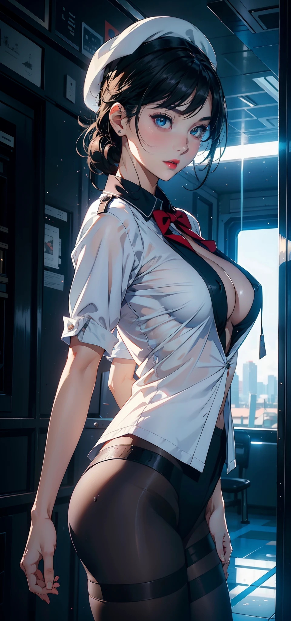 1womanl,33yo,熟妇,Bigchest,Raised sexy,Pornographic exposure, 独奏,Beauty contests,standing on your feet(Background with:aerodrome,ln the forest,Planes,)in an airplane, She has short black hair,bobo head,Redlip,裸体少女,dynamicposes,seen from the front, hair straight, mostly cloudy sky,(((tmasterpiece),(Very detailed CG unity 8K wallpaper),best qualtiy,cinmatic lighting,detailed back ground,beatiful detailed eyes,Bright pupils,(Very fine and beautiful),(Beautiful and detailed eye description),Blue eyes,Redlip,ultra - detailed,tmasterpiece,)),facing at camera,(The upper part of the body),A high resolution,ultra - detailed),revealing breasts,Bare genitalia, Bulge,legs are open,sexyposture,Camel toes,Flushed complexion,Open-mouthed,frontage,stewardess,beret(Wearing:White transparent flight attendant uniform,Black pantyhose)