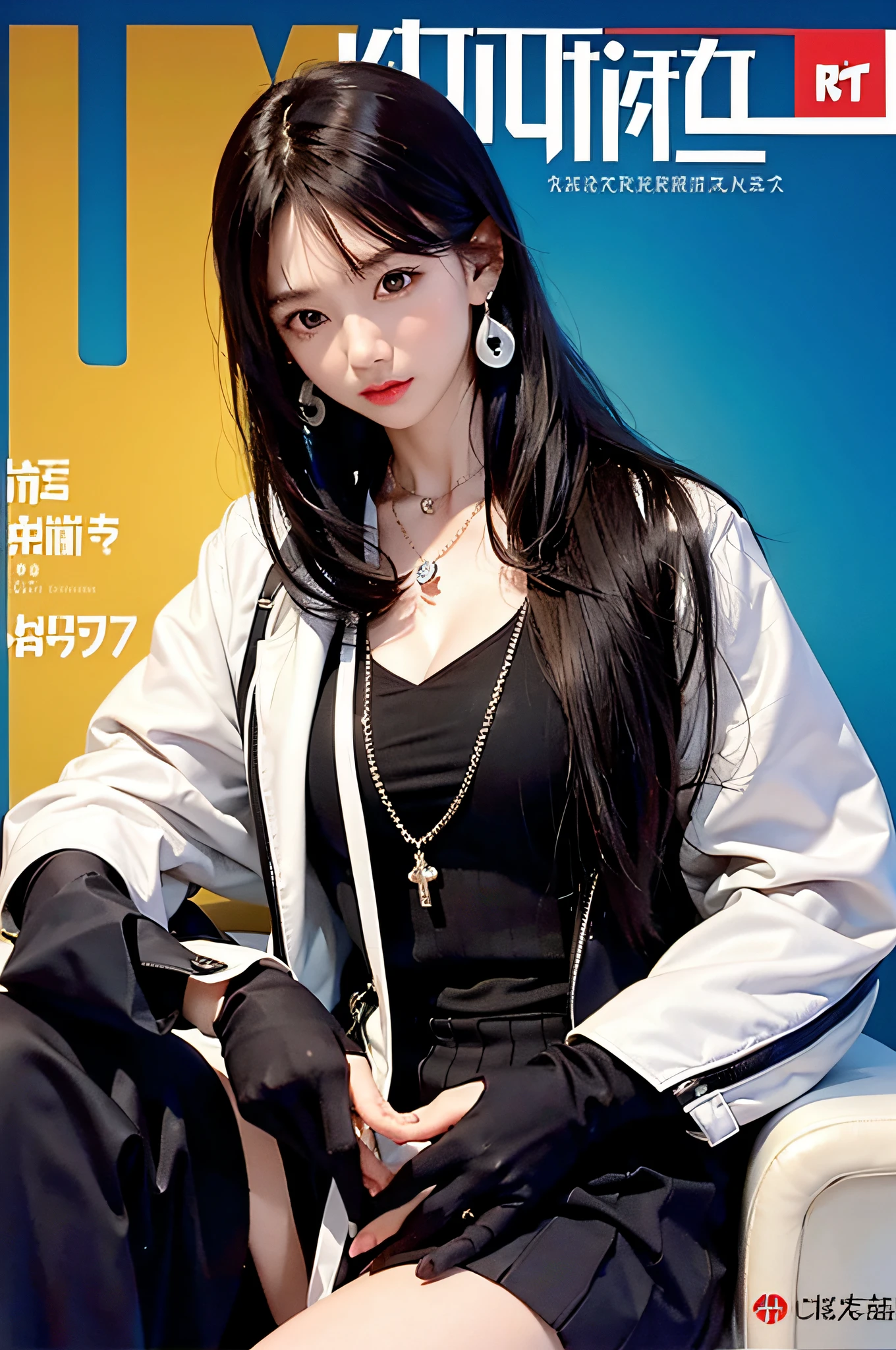 magazine scan,(magazine cover:1.2), cover text, text,( magatama necklace:1.1), wlop, 1girl, black gloves, black open jacket, character request, commentary, earrings, double v, jewelry, long hair, looking down, perfect flowing hair, solo