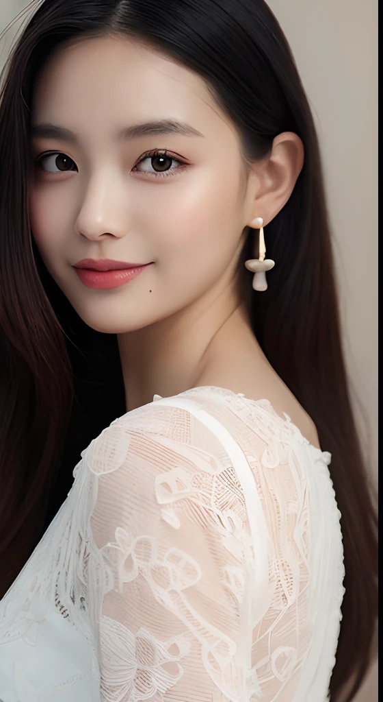 (Best quality, 8K, masterpiece:1.3)) , (one person: 1.4), 1girl, a Korean woman, a goddess, 25 years old, portrait photography, high contrast, God perspective, aperture F1.2, focal length 24mm, ( Full body: 1.2), smile, pose for photos, fine lace, slip dress, simple cut dress, brand dress, simple cut, long black hair, hair tied up, super detailed skin details, detailed fabric texture