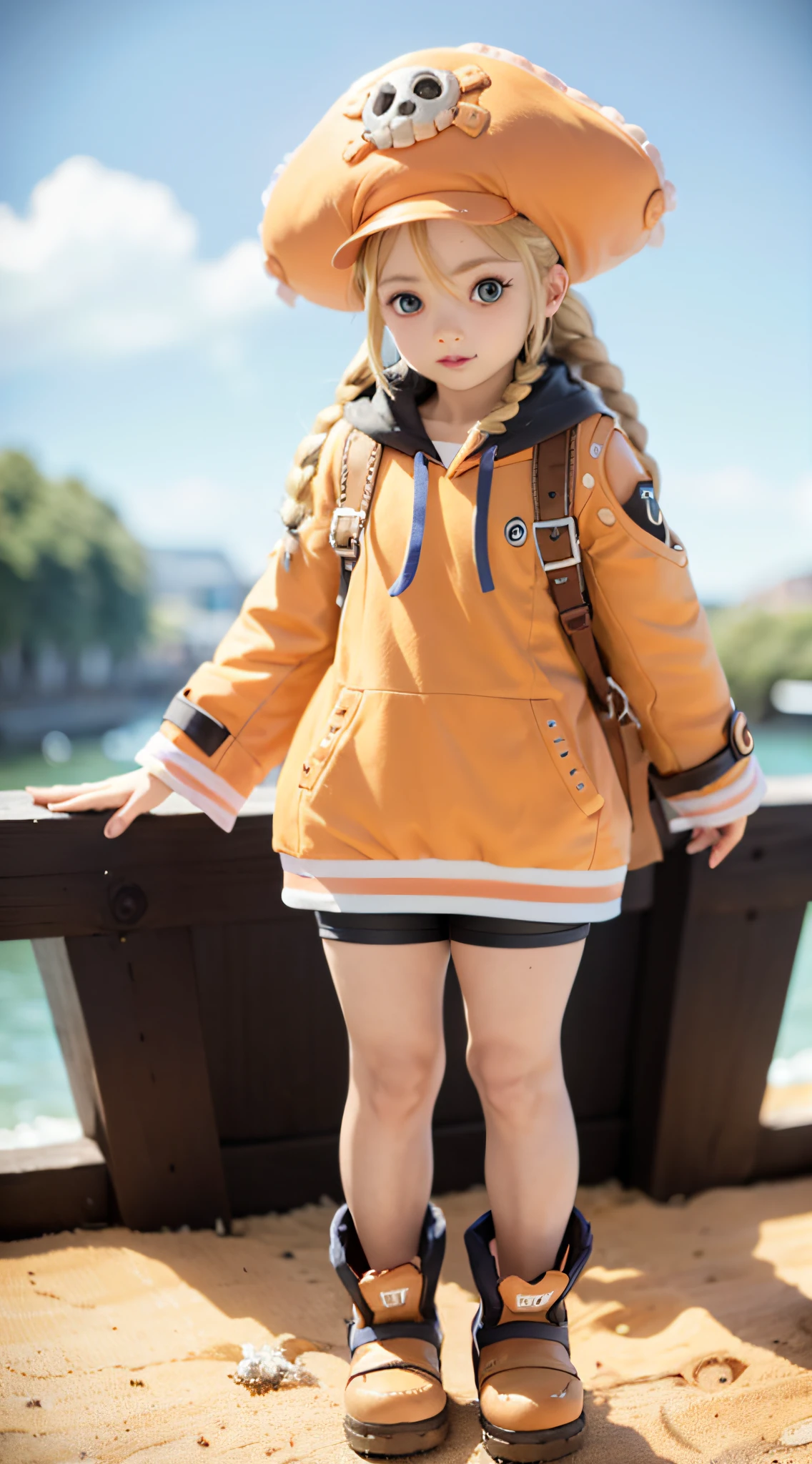 Patty Fleur, blonde hair, twin braids, oneblue eye, young, pirate hat, pirate, coat, boots,
ggmay, orange headwear, hat, skull and crossbones, orange hoodie, bike shorts, orange footwear, fingerless gloves, backpack, one brown eye, fullbody, dolphin