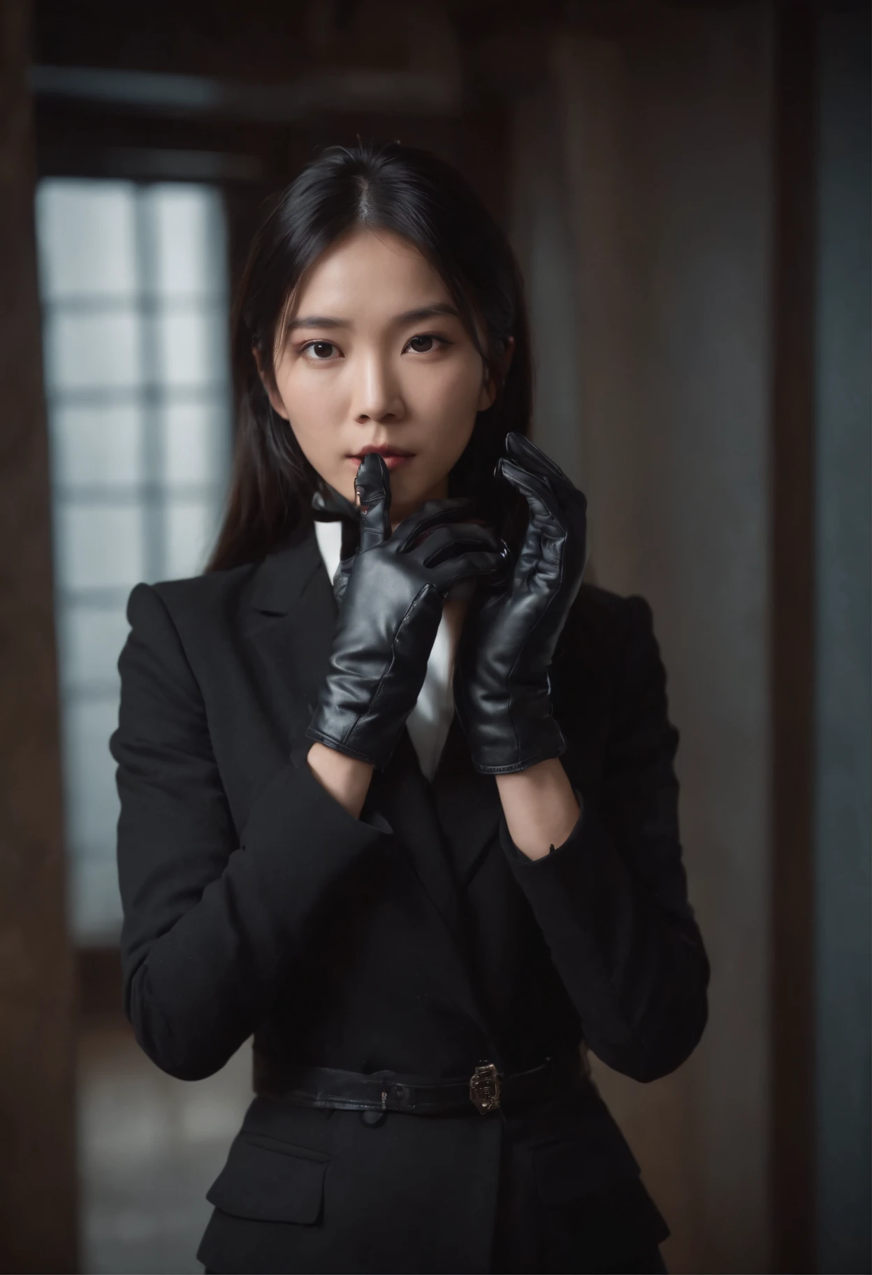 Wearing black leather gloves in both hands, black recruitment suit, bundling straight black hair behind, young Japanese woman calling from a dark room