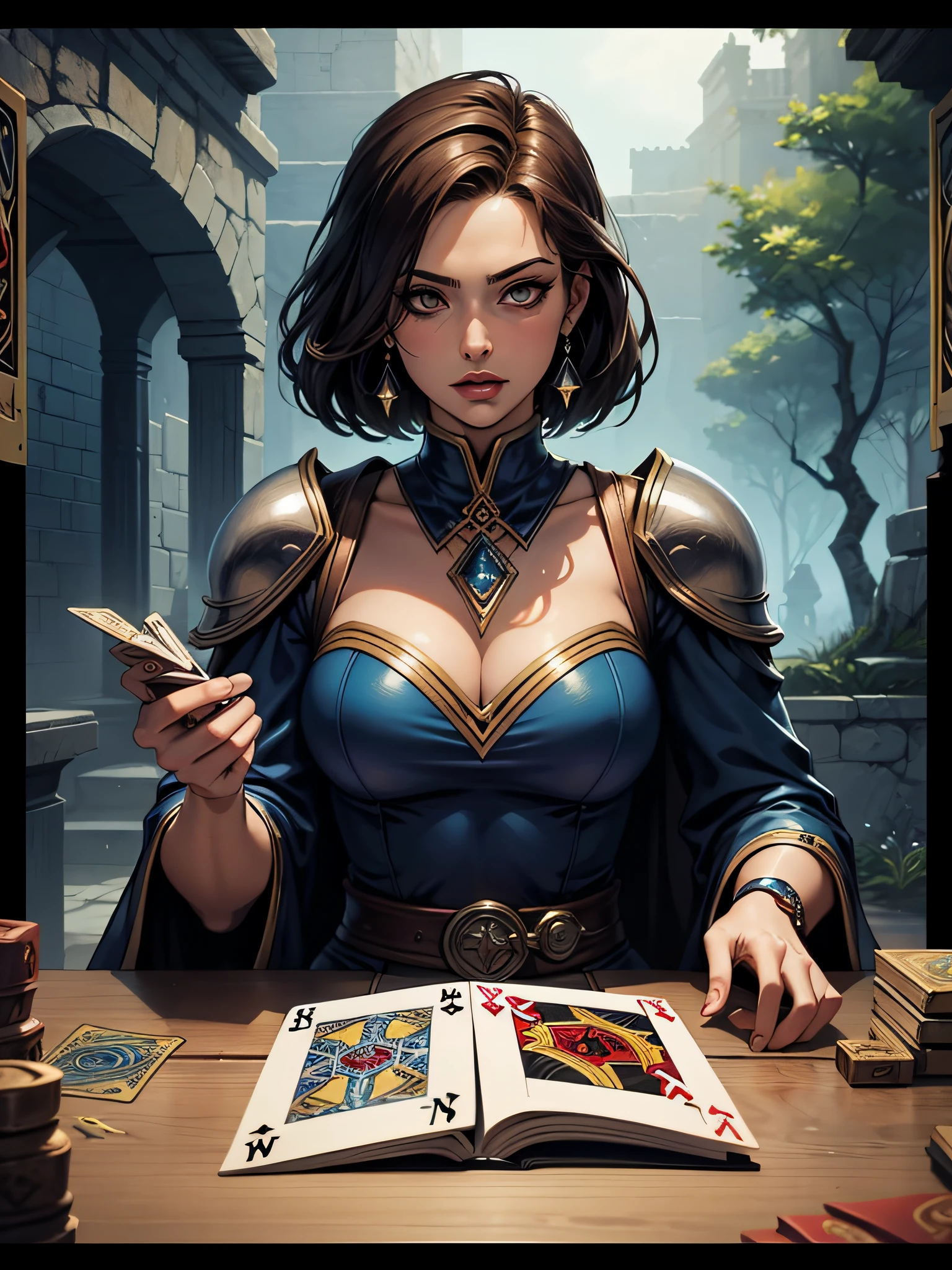 um close up de uma mulher segurando um celular perto de uma mesa, Arte do Jogo de Cartas de Fantasia, card game illustration, Epic Fantasty Card Game Art, epic fantasy card game art, card art, MTG Estilo de Arte, collectible card art, magic the gathering art style, Magic the Gathering ArtStyle, arte do personagem charlie bowater, Alice X. Zhang