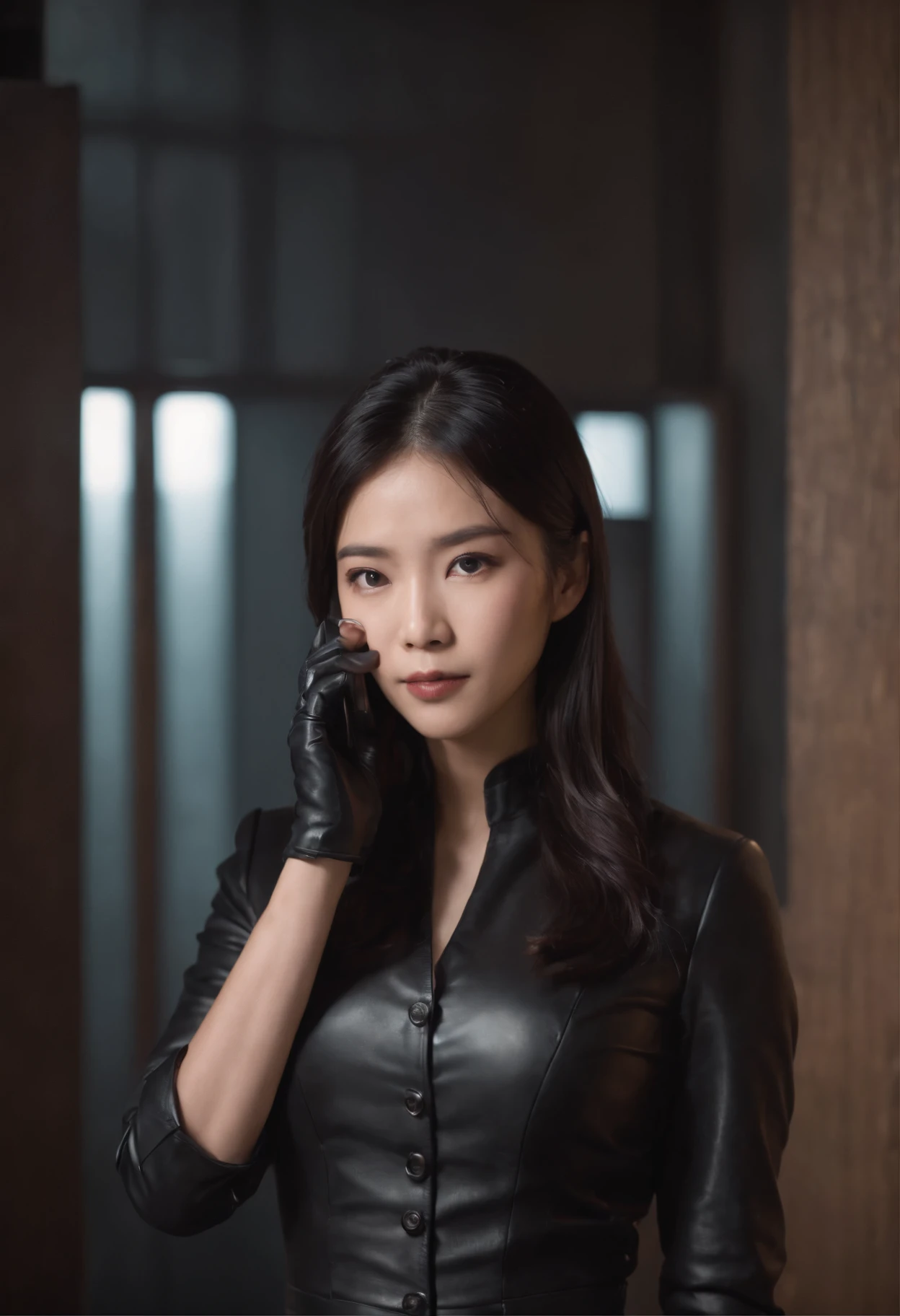 Wearing black leather gloves in both hands, black recruitment suit, bundling straight black hair behind, young Japanese woman calling from a dark room