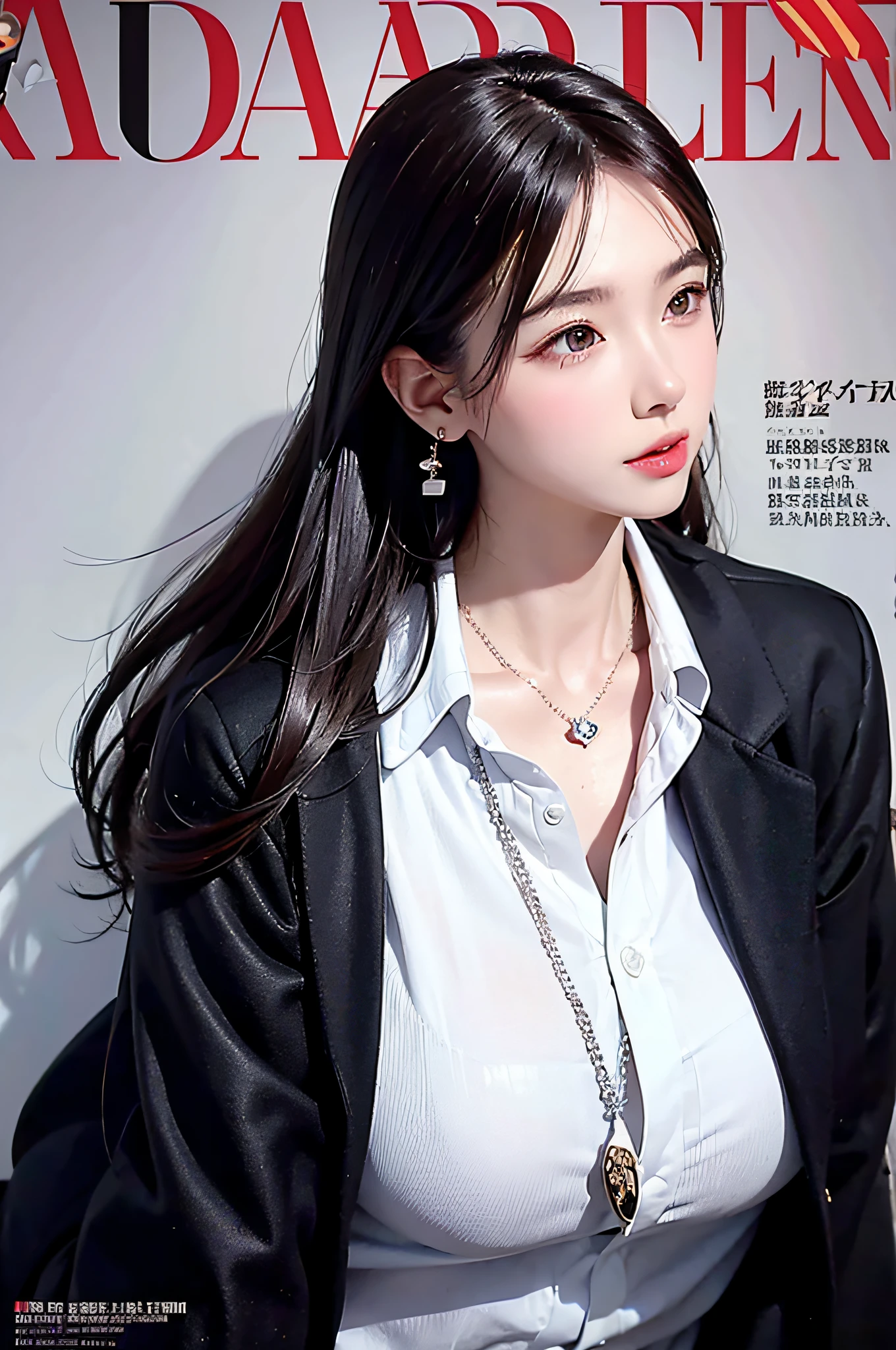 magazine scan,(magazine cover:1.2), cover text, text,( magatama necklace:1.1), wlop, 1girl, black gloves, black open jacket, character request, commentary, earrings, double v, jewelry, long hair, looking down, perfect flowing hair, solo