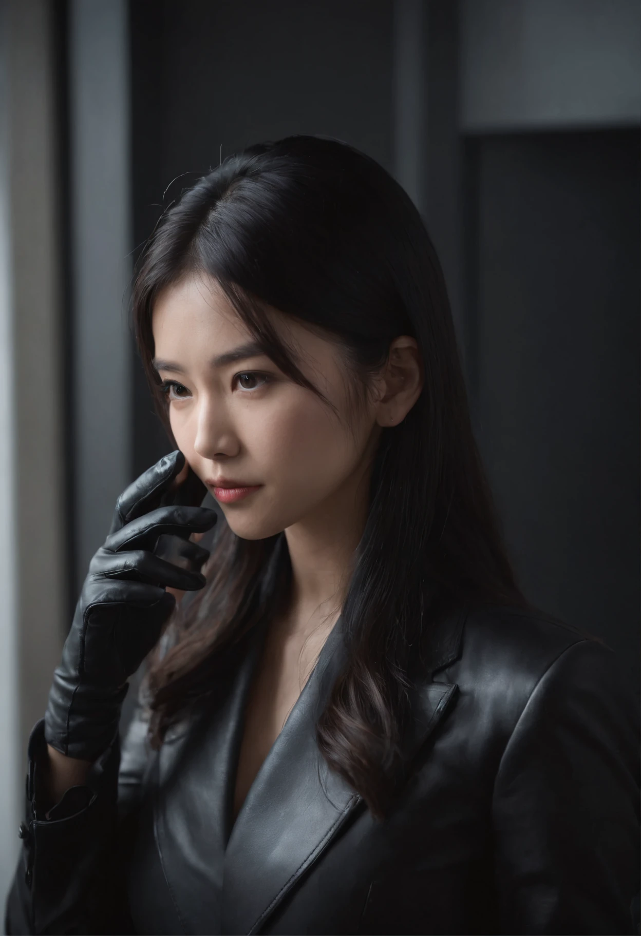 Wearing black leather gloves in both hands, black recruitment suit, bundling straight black hair behind, young Japanese woman calling from a dark room