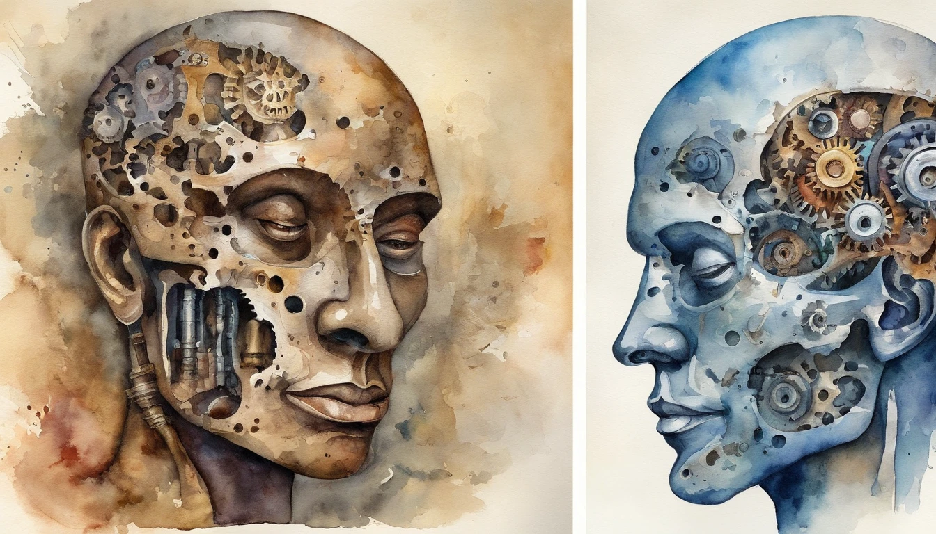 an open human head covered mainly by the human part and another smaller part on top of the internal mechanical gear of the head
