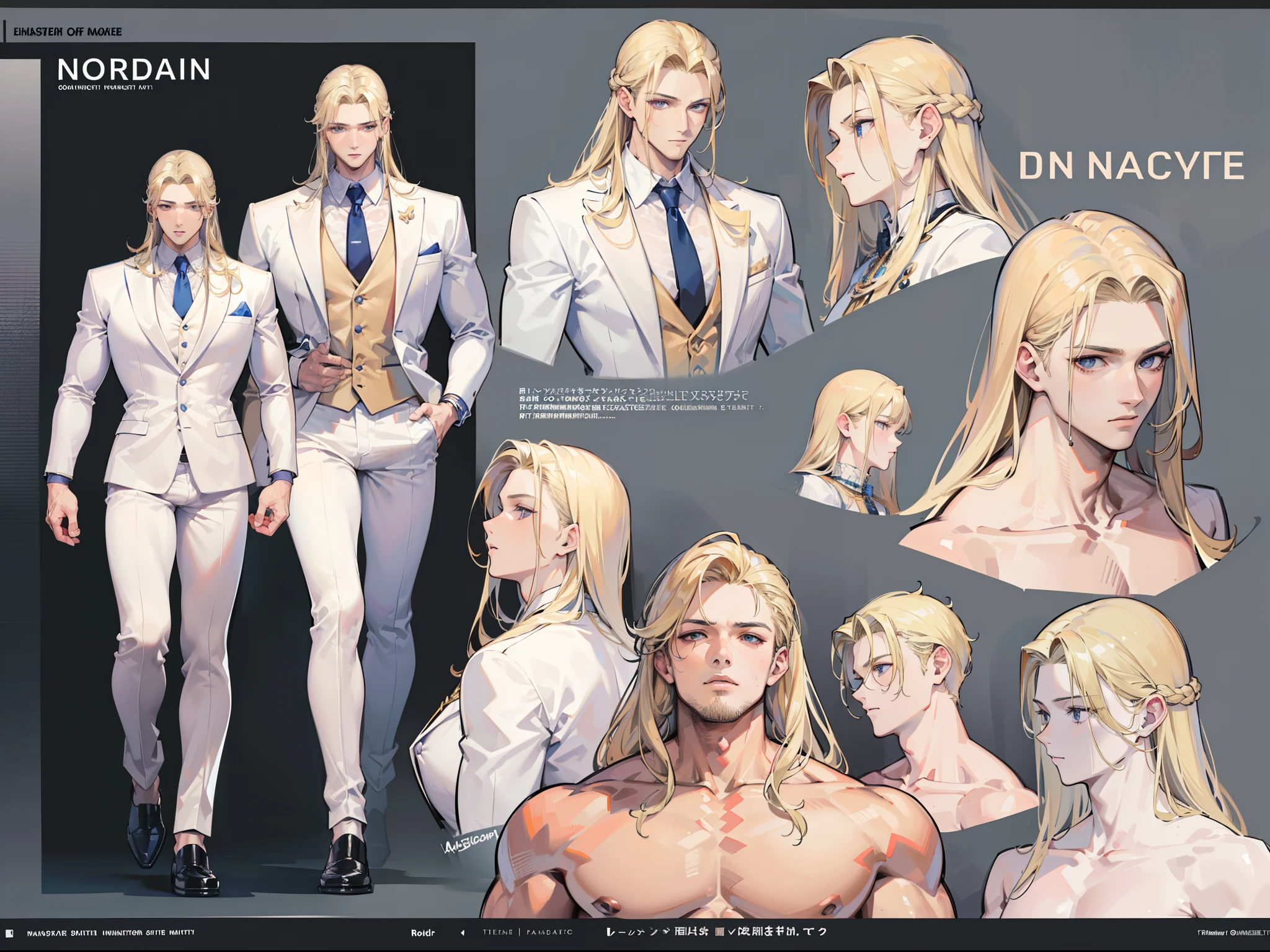 ((Masterpiece, Highest quality)), Detailed face, character design sheet，full bodyesbian, Full of details, frontal body view, back body view, Highly detailed, Depth, pectoral muscles, abs, Many parts, Muscle boy with long blonde hair with long bangs，handsome man, muscle body, white outfit male, man tall, nobleman, aristocratic, elegant, neat