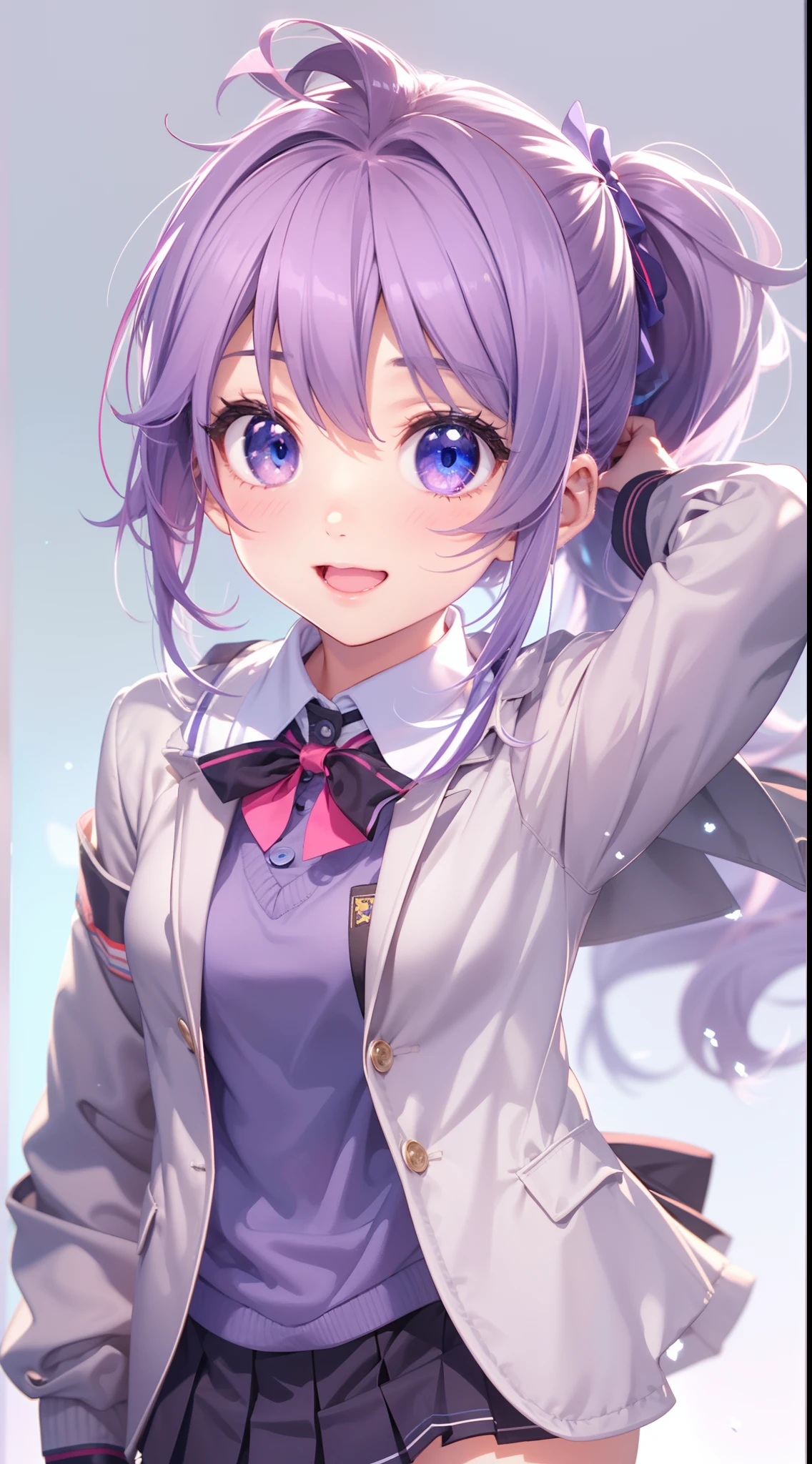 Anime girl with purple hair and purple eyes isolated on black background,3D images、 Over all、a smile、Pink hair、best anime 4k konachan wallpaper,The purple color of the hair in the video game Azure Lane、Highly detailed CG Unity 8k wallpaper, [3D images:0.15],Attractive eyes、[[A detailed eye、Colorful eyes、radiant eyes:1.15]], poneyTail, Blazer, Blue jacket, Blue Ribbon, Blue skirt, buttoning, Collared shirt, Jacket, Long sleeves, Neck ribbon, Pleated skirt, bow ribbon, School uniform, Shirt, Skirt, White shirt, winter uniform、small tits