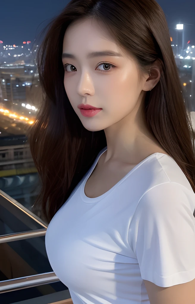 ((Midnight, Best quality, 8k, Masterpiece :1.3)), Whole body, Long legs, Sharp focus :1.2, A pretty woman with perfect figure :1.4, Slender abs :1.1, ((Dark brown hair, Big breasts :1.2)), (White tight tshirt, Jean bib, Standing:1.2), ((Night city view, Rooftop:1.3)), Highly detailed face and skin texture, Detailed eyes, Double eyelid