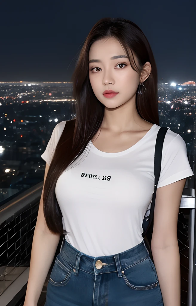 ((Midnight, Best quality, 8k, Masterpiece :1.3)), Whole body, Long legs, Sharp focus :1.2, A pretty woman with perfect figure :1.4, Slender abs :1.1, ((Dark brown hair, Big breasts :1.2)), (White tight tshirt, Jean bib, Standing:1.2), ((Night city view, Rooftop:1.3)), Highly detailed face and skin texture, Detailed eyes, Double eyelid