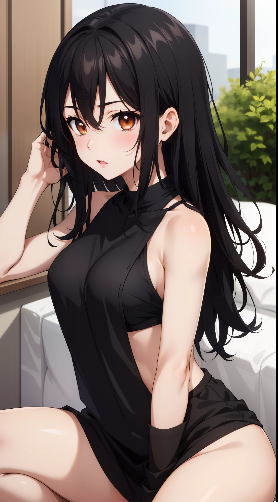 masterpiece, best quality, 1 girl, himeragi yukina, brown eyes, black hair, hair between eyes, medium hair, medium breasts, perfect anatomy.