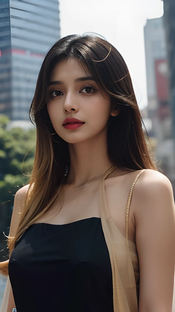 (((Desi Girl))), Slim face, Natural Skin, Wearing a hot deep necktop and dupatta, Attractive black hair, ((The ends of the hair are blonde)), city street background, Bokeh