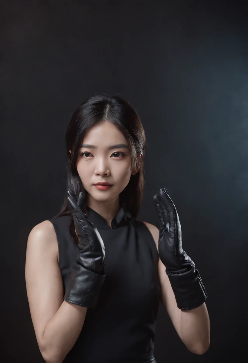 A black recruitment suit wearing black leather gloves in both hands, a young Japanese woman who bundles straight black hair behind her from a dark room and reaches out to us
