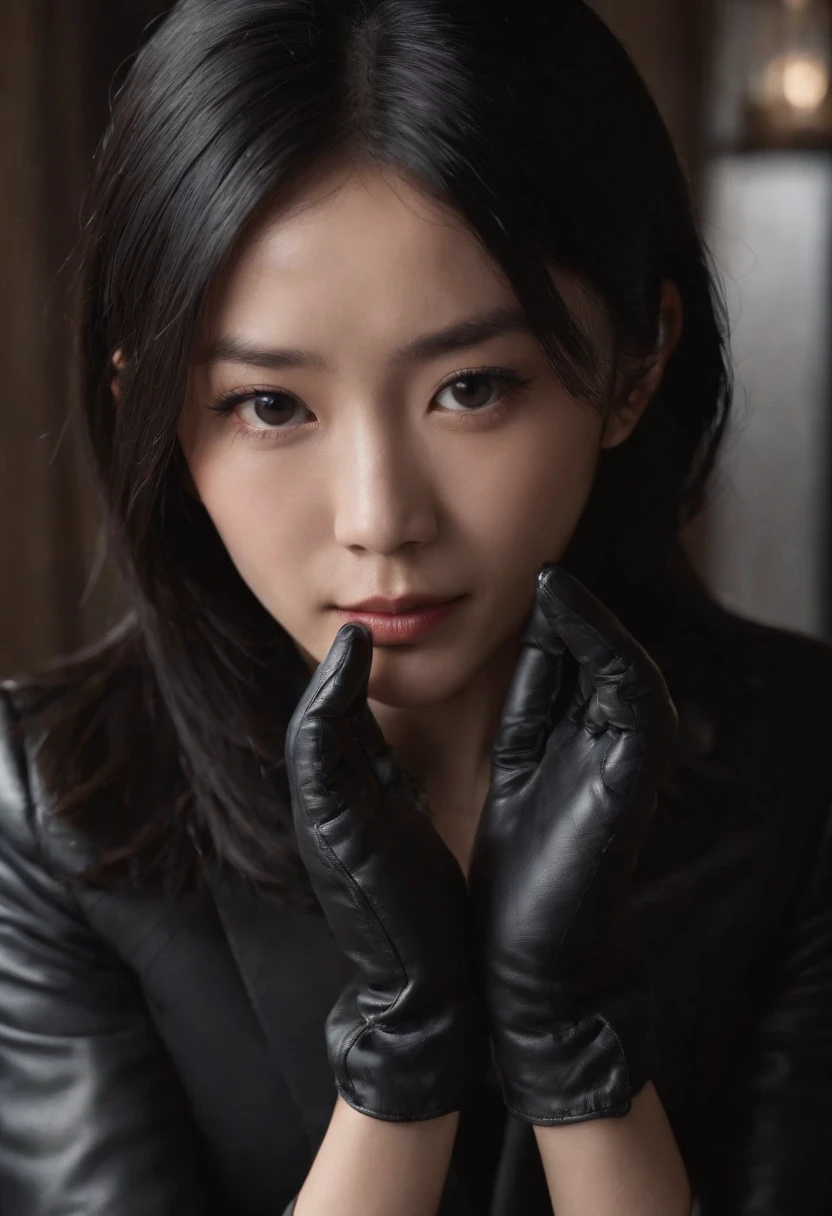 A black recruitment suit wearing black leather gloves in both hands, a young Japanese woman who bundles straight black hair behind her from a dark room and reaches out to us