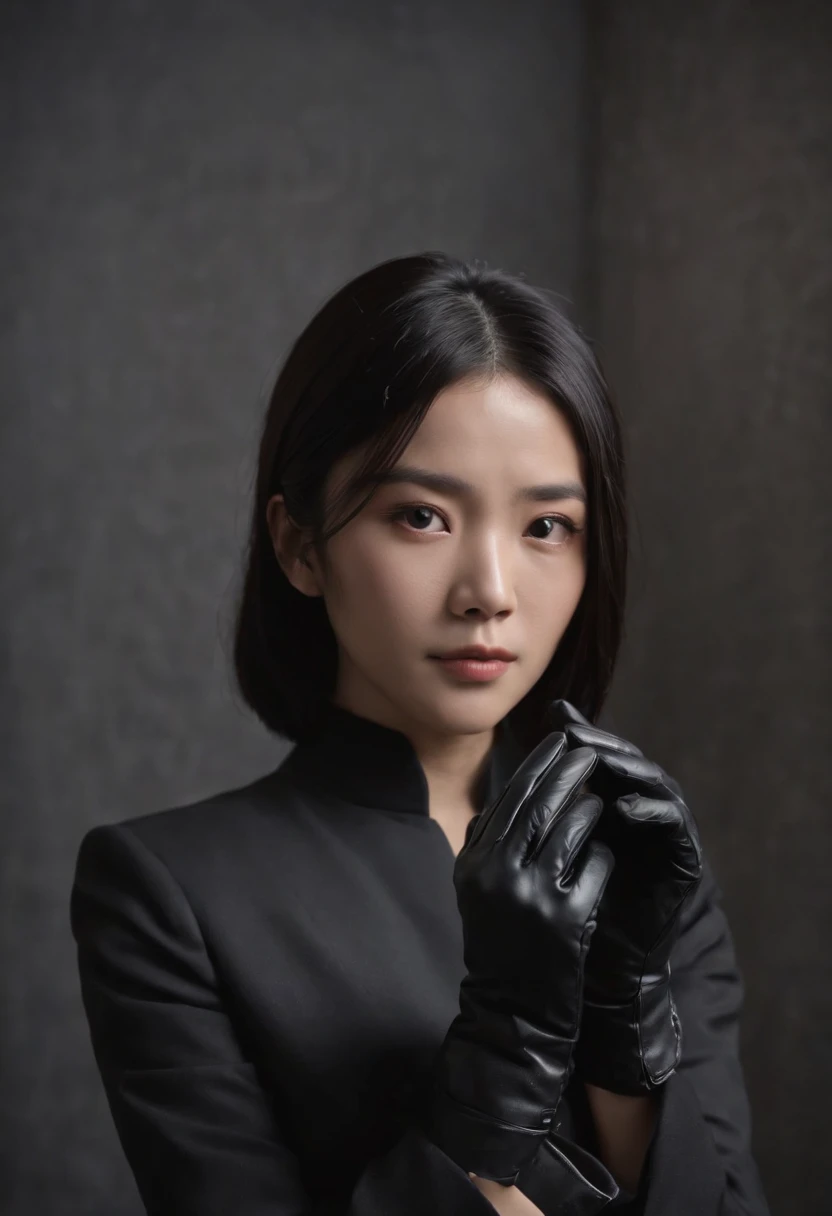 A black recruitment suit wearing black leather gloves in both hands, a young Japanese woman who bundles straight black hair behind her from a dark room and reaches out to us