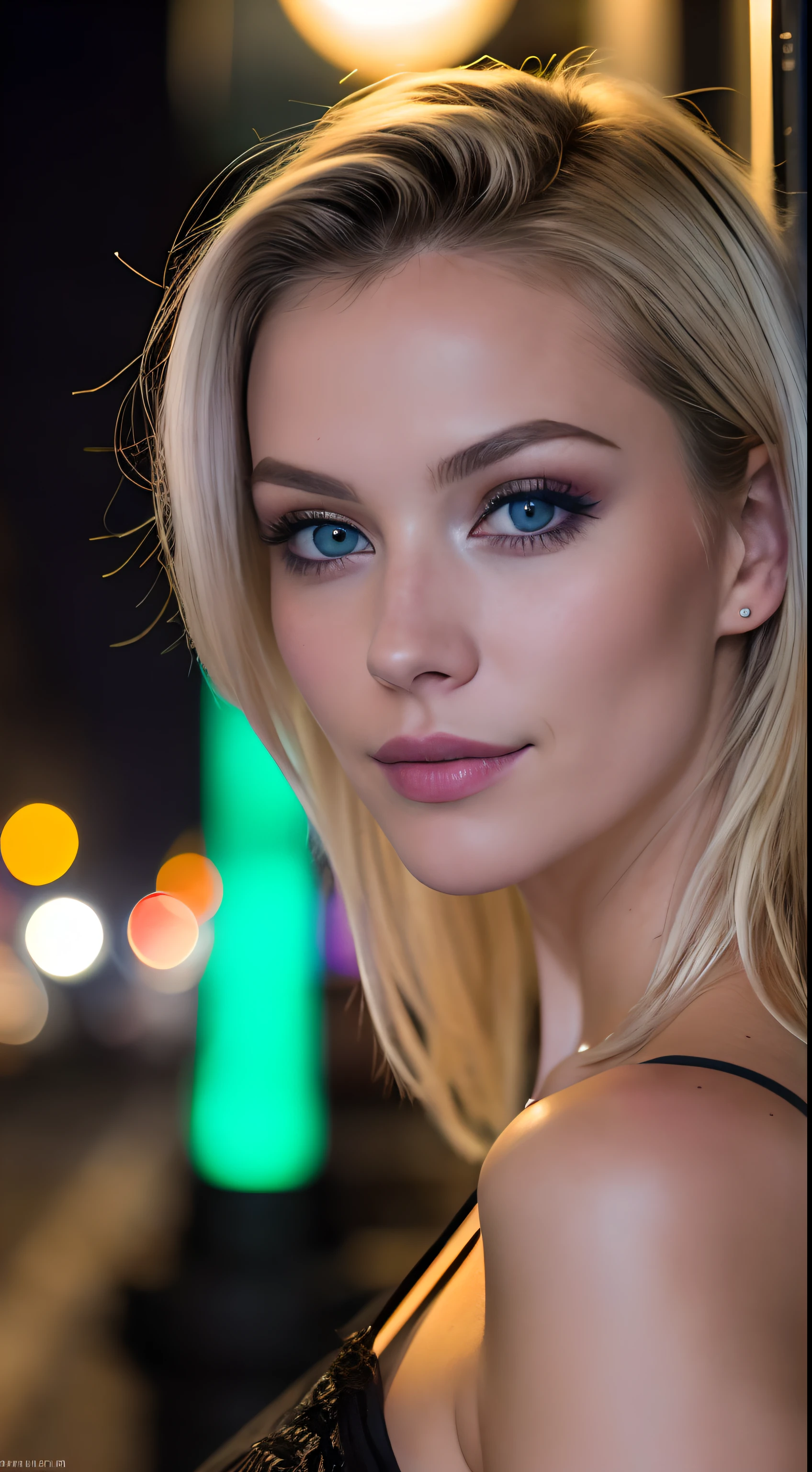 (Selfie, Draufsicht: 1.4), (straight half of the body: 1.4), RAW UHD portrait photo of a 24-year-old blonde (Blue-eyed woman) Eine dunkle Gasse entlanggehen, big boobs,, Stadt bei Nacht, (Rock), (Ausschnitt), Details (Gewebe! , Haar! , Glitzer, Farbe!! , Benachteiligungen: 1.1), shiny eyes with high level of detail (Blick in die Kamera), SLR-Beleuchtung, Spiegelreflexkamera, ultra quality, Sharpness, Depth of field, Filmkorn (Mitte), Fujifilm XT3, kristallklar, Rahmenmitte, Beautiful face, Scharfer Fokus, Streetlight, Neonbeleuchtung, bokeh (schwach beleuchtet), Nacht, (Nachthimmel), Detaillierte Hautporen, Oily skin, Sonnenbrand, Komplexe AugenDetails, full entire body, big boobs