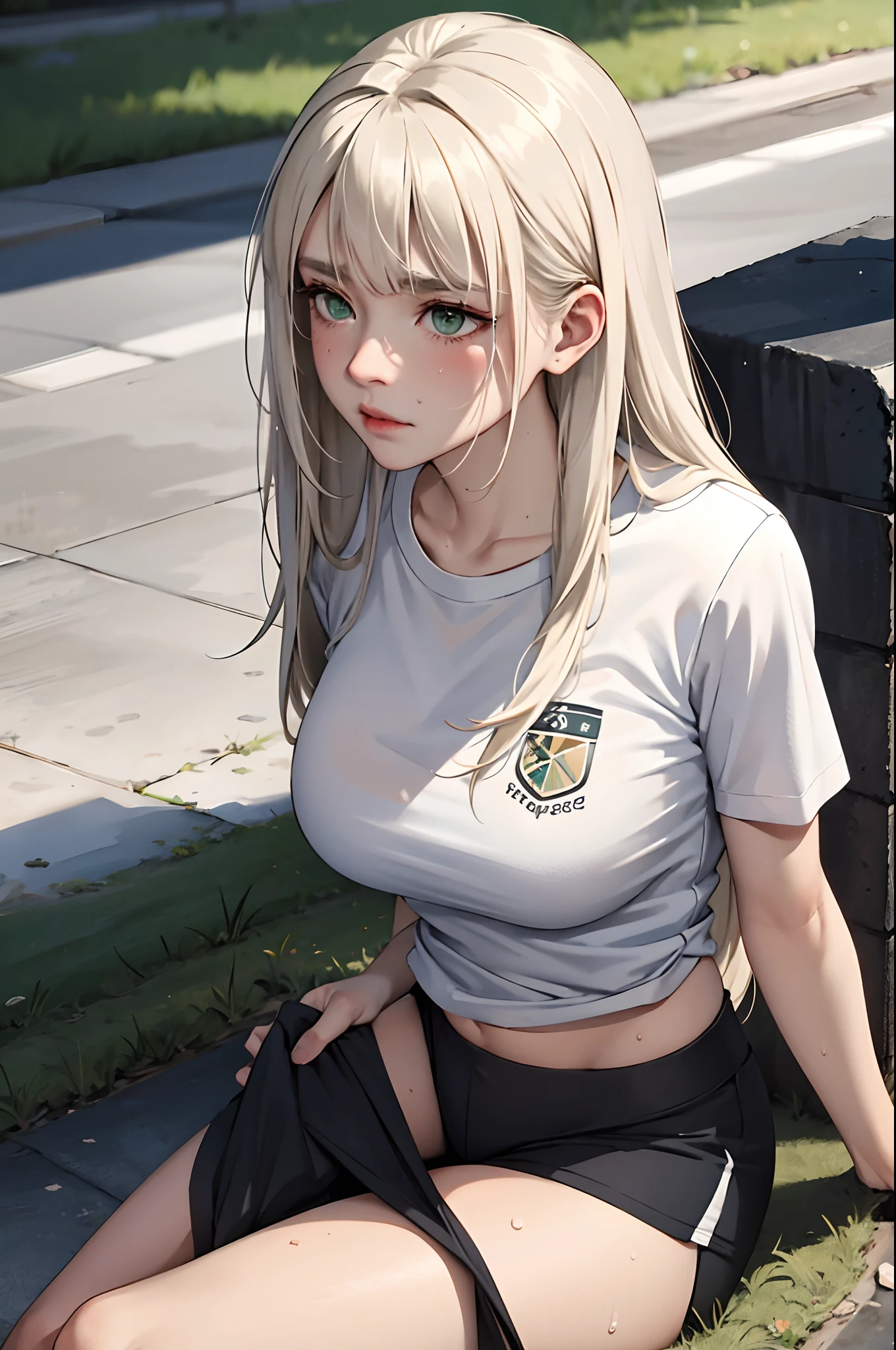 (masterpiece:1.2, best quality), (real picture, intricate details), 1lady, solo, upper body, sitting down, sitting on ground, casual, long hair, minimal makeup, natural fabrics, close-up face, tired, sweaty, physical activity, tired face, tired expression, school, really long light platinum blonde hair, bangs, voluminous hair, green eyes, big breasts, big ass, big tits, big butt PE school uniform, school PE shorts, athletic shorts, PE t-shirt, white t-shirt, black athletic shorts, sweaty, sweat, bangs on forehead, Korean bangs, cute bangs, mature face, 1adult, 1 female, 1 woman