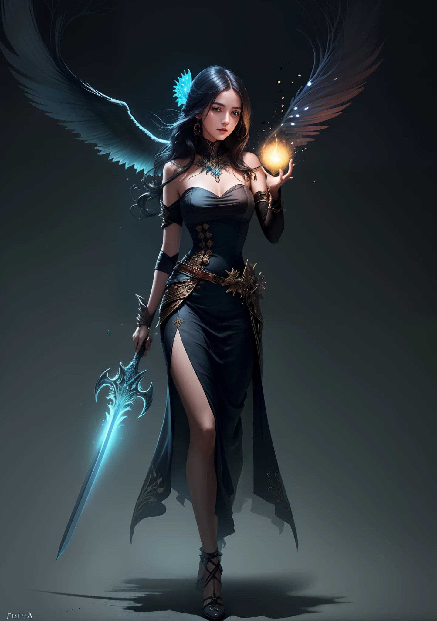 uma mulher com uma espada e asas segurando uma bola brilhante, Epic Fantasy Digital Art Style, arte de estilo fantasia escura, epic fantasy HD art style, arte fantasia behance, arte de fantasia digital ), estilo de arte de fantasia, Arte de fantasia 4k, epic exquisite character art, Epic fantasy art style, arte do personagem de fantasia, por Yang J, arte de fantasia de alta qualidade, epic fantasy character art