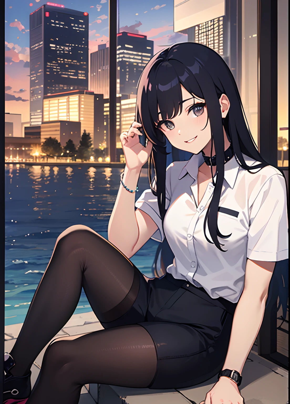 Vista superior, mirada coqueta, sonrisa dulce, mano derecha acomodando su cabello, cabello negro, largo, orejas de gato, ojos plateados, cuerpo definido, sexi, athletic, ropa casual, camisa sin mangas, color blanco, falda negra, dresser, sentada en el pasto, atardecer, vista del pueblo, Comfortable shoes, collar de cascabel , adorno del cabello, colorido, Hi-Def, Ultra alta calidad, anime.