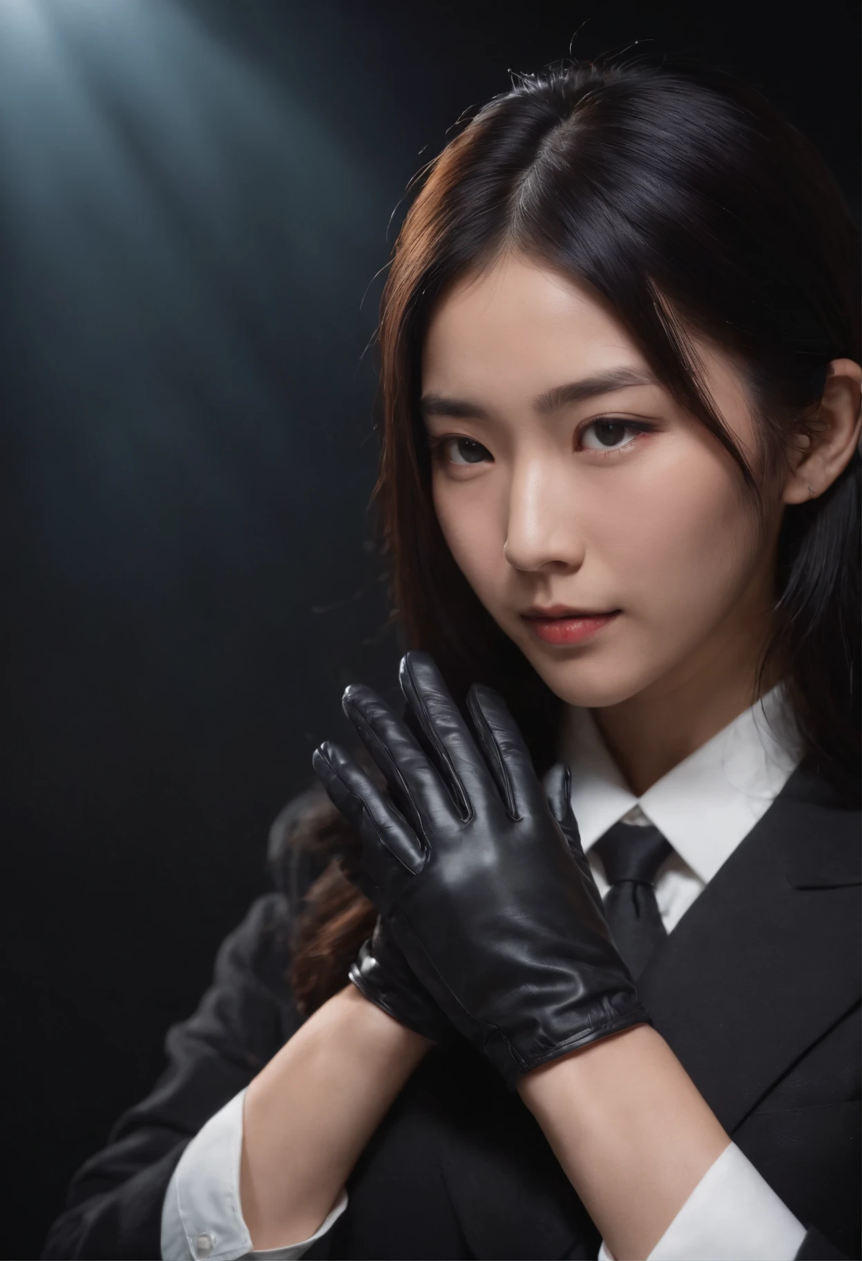 A black recruitment suit wearing black leather gloves in both hands, a young Japanese woman who bundles straight black hair behind her from a dark room and reaches out to us