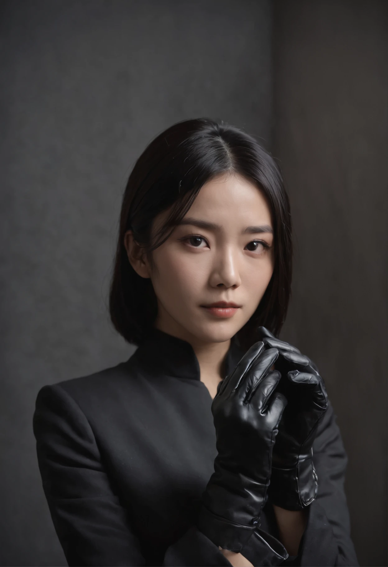 A black recruitment suit wearing black leather gloves in both hands, a young Japanese woman who bundles straight black hair behind her from a dark room and reaches out to us