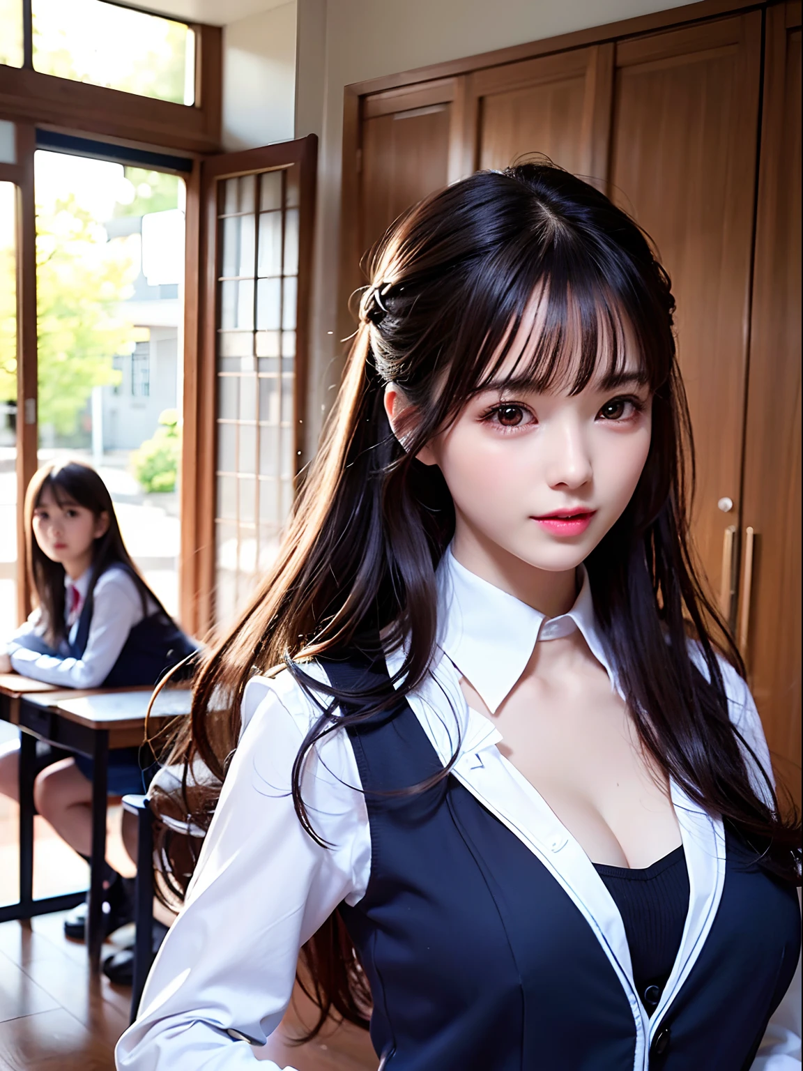 2 young girls, Beautiful girl of the highest grade, Super beautiful detailed face, (Beautiful breasts), (High School Uniform), bared  chest, (Details of a very beautiful face), (Best Quality:1.4), 8K resolution, High resolution, (Photorealistic, High resolution:1.4), Raw photo, (Realistic, Photorealsitic:1.37), Gloss on lips, Long hair, Parted lips, Staring at me, School, crass room,