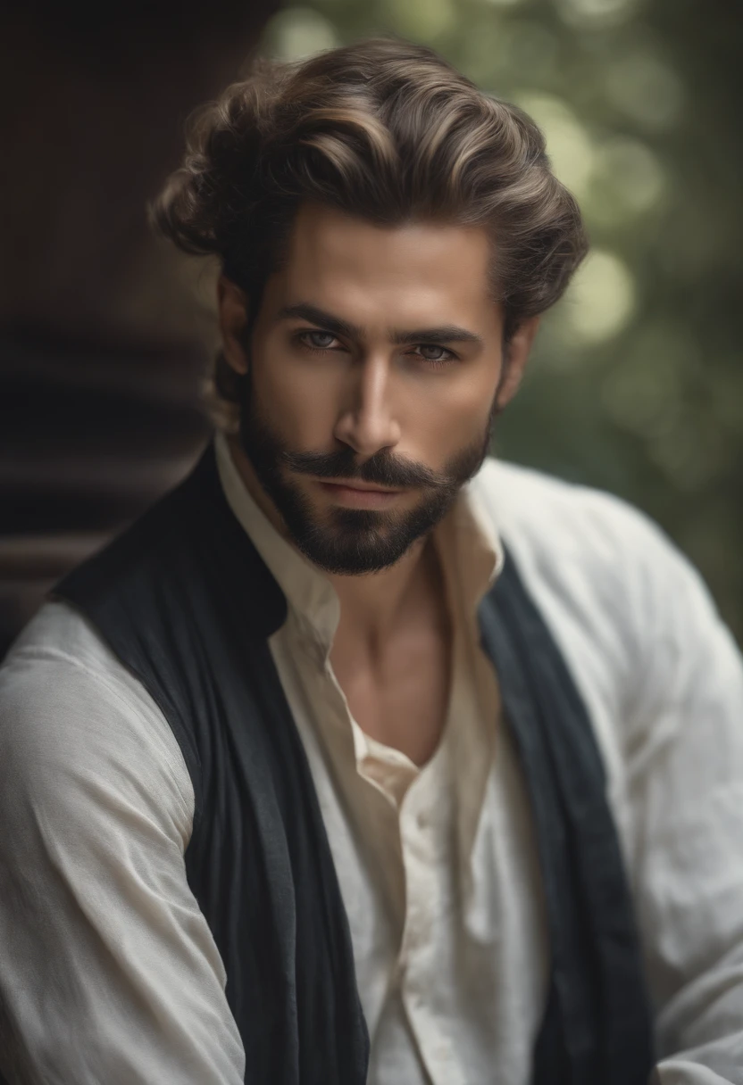 (Best quality,4K,8k,high resolucion,Masterpiece:1.2),Ultra-detailed,(Realstic,photoreallistic,photo-realistic:1.37), serein, ink painting and watercolor, depicts a man with a small beard and hair tied up, Apparence sereine, comportement pacifique, Contexte tranquille, Style classique, Tons noir et blanc, Serene lighting, Delicate features, Detailed facial features, peaceful atmosphere