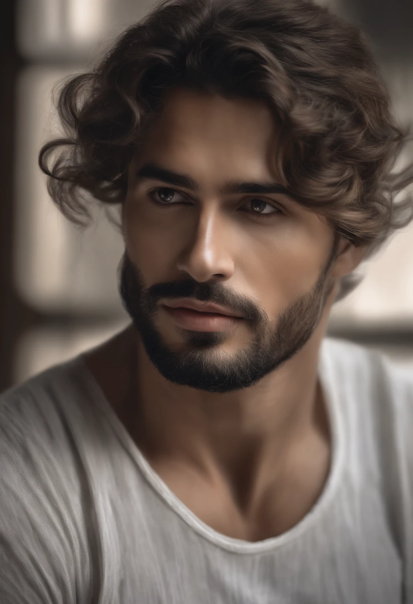 (Best quality,4K,8k,high resolucion,Masterpiece:1.2),Ultra-detailed,(Realstic,photoreallistic,photo-realistic:1.37), serein, ink painting and watercolor, depicts a man with a small beard and hair tied up, Apparence sereine, comportement pacifique, Contexte tranquille, Style classique, Tons noir et blanc, Serene lighting, Delicate features, Detailed facial features, peaceful atmosphere