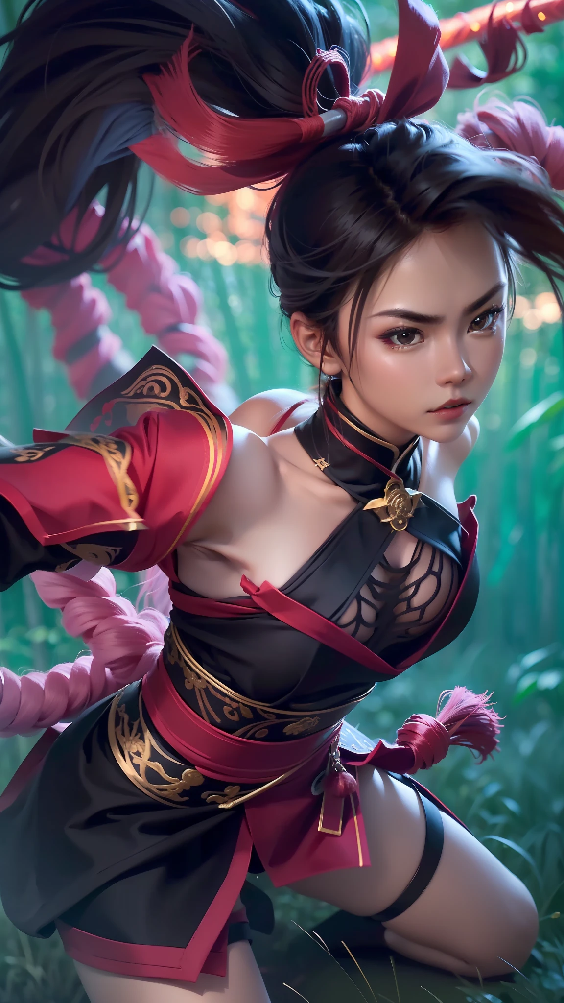 A beautiful flirtatiously smiling woman, a very busty ronin wearing gold lace kimono, Meiji restoration, blue eyes, yojimbo, cleavage, bare shoulders, HD, UHD, WLOP, Artgerm, intricate hairstyle, a view from behind, large anime eyes, realistic eyes, highly detailed eyes, natural skin, natural skin texture, subsurface scattering, muted colors, skin pores, perfect face, perfect eyes, perfect full lips, supple female form, vivid, cinematic, Film light, Hyper detailed, Hyper-realistic, masterpiece, atmospheric, High resolution, Vibrant, High contrast, dark angle, 8k, HDR, 500px, Art by Redjuice