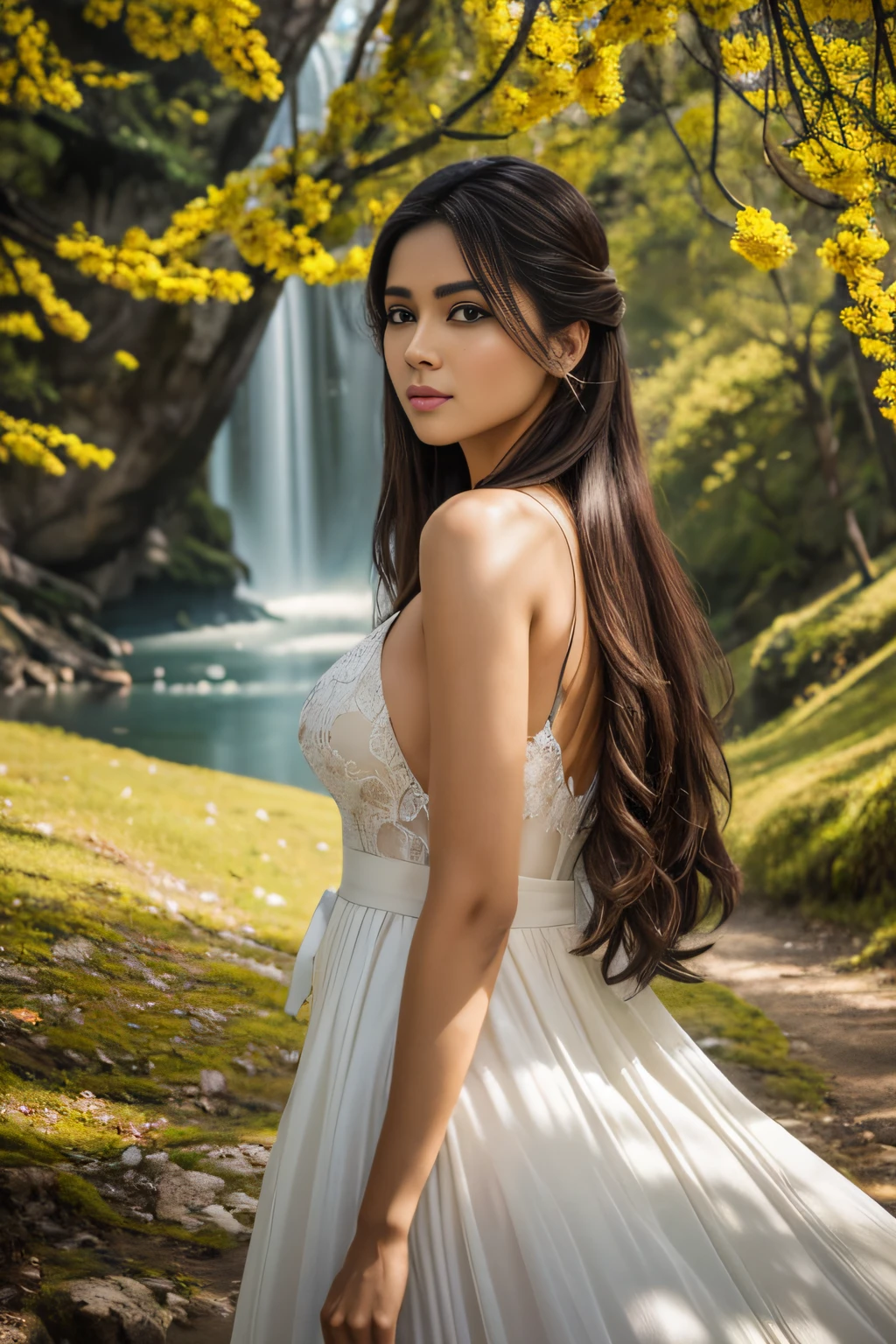 (Foto RAW, melhor qualidade), (realista, foto realista: 1,3), melhor qualidade, altamente detalhado, obra-prima, ultra detalhado, illustration, Uma garota , parte superior do corpo, dinamic angle, obra-prima mundial, messy long hair, melhor qualidade, extremamente detalhado Unidade de papel de parede 8k , pintura, Awesome, cinematic lighthing, reflexo de lente, roupa estilo oriental , luxuosa , epoch , nobreza , intimate , fundo parede de pedras antigas , castelo da nobreza ,