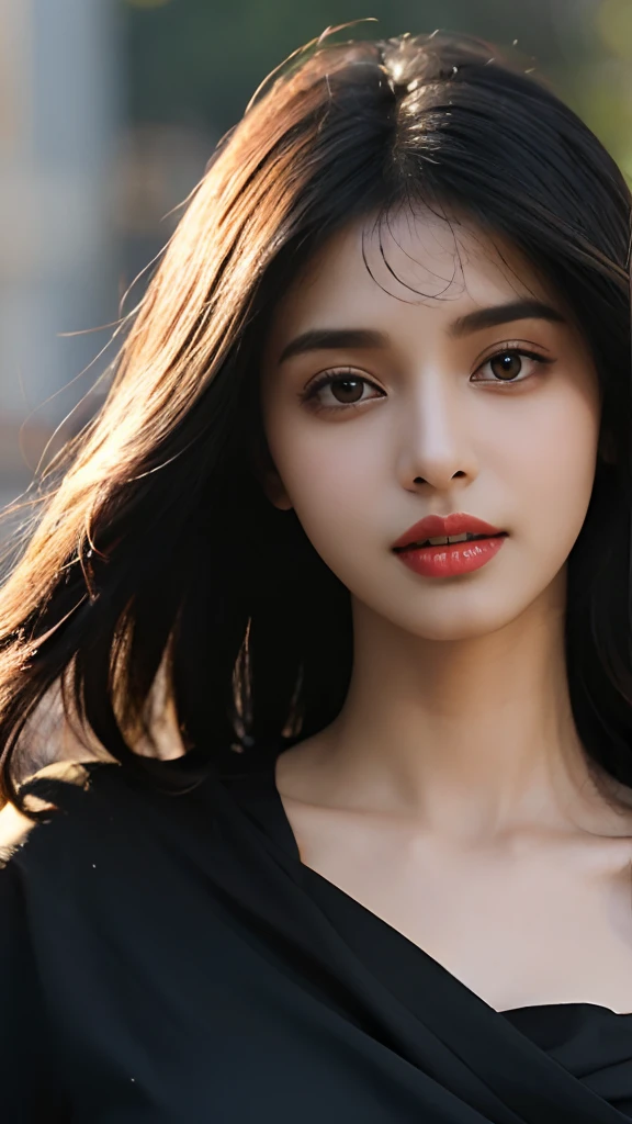 (((Desi Girl))), Slim face, Natural Skin, Wearing a hot deep necktop and dupatta, Attractive black hair, ((The ends of the hair are blonde)), city street background, Bokeh