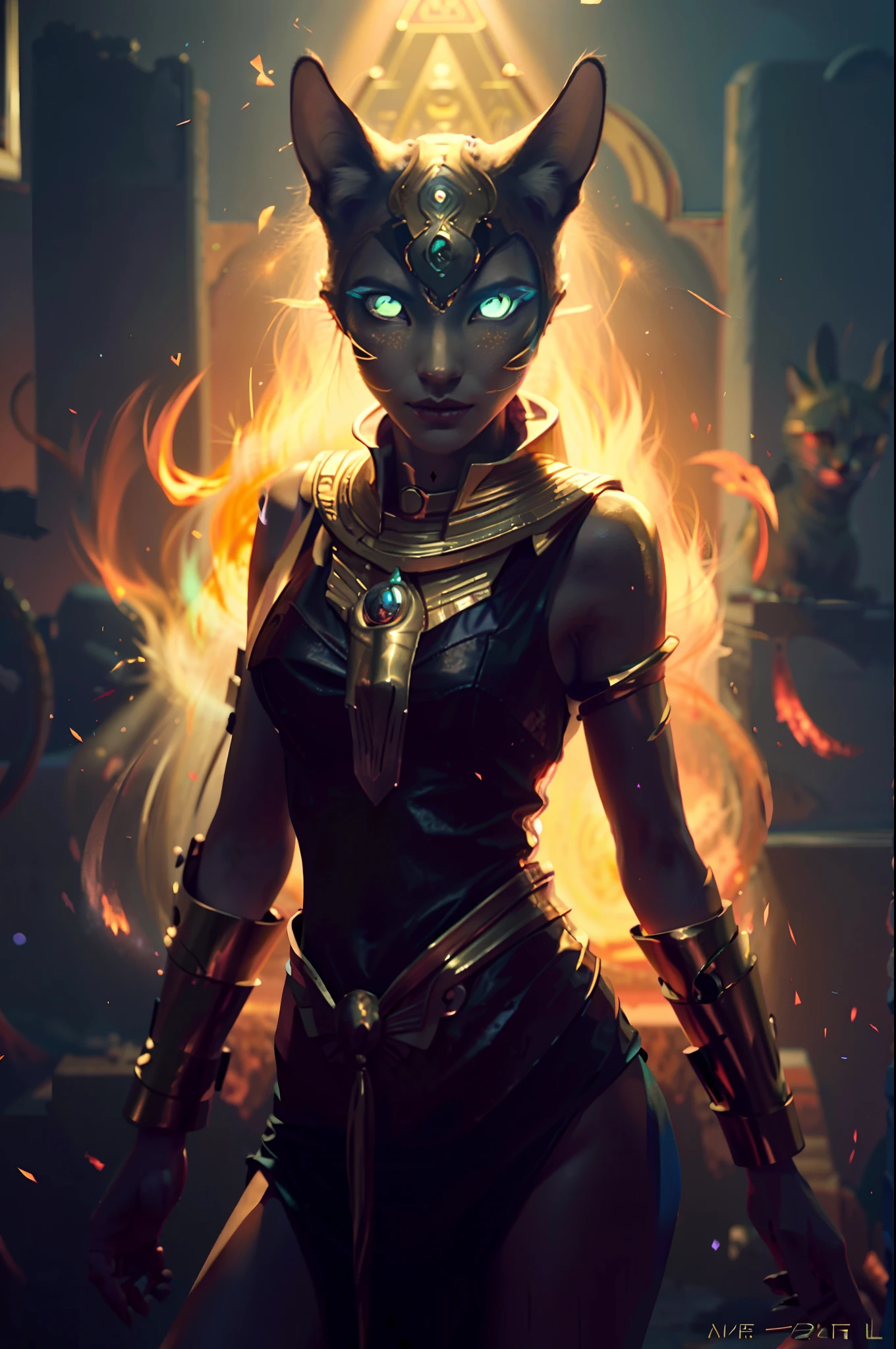 a cat woman with glowing eyes and a gold outfit, bastet, egyptian cat goddess, appears as the fire goddess, photo of ghost of Cat god, wearing golden cat armor, of anthro leopard warlock, storm egyptian god, high quality digital concept art, artgerm julie bell beeple, cat warrior, anthro art, by Galen Dara, powerful Egyptian goddess, hairless