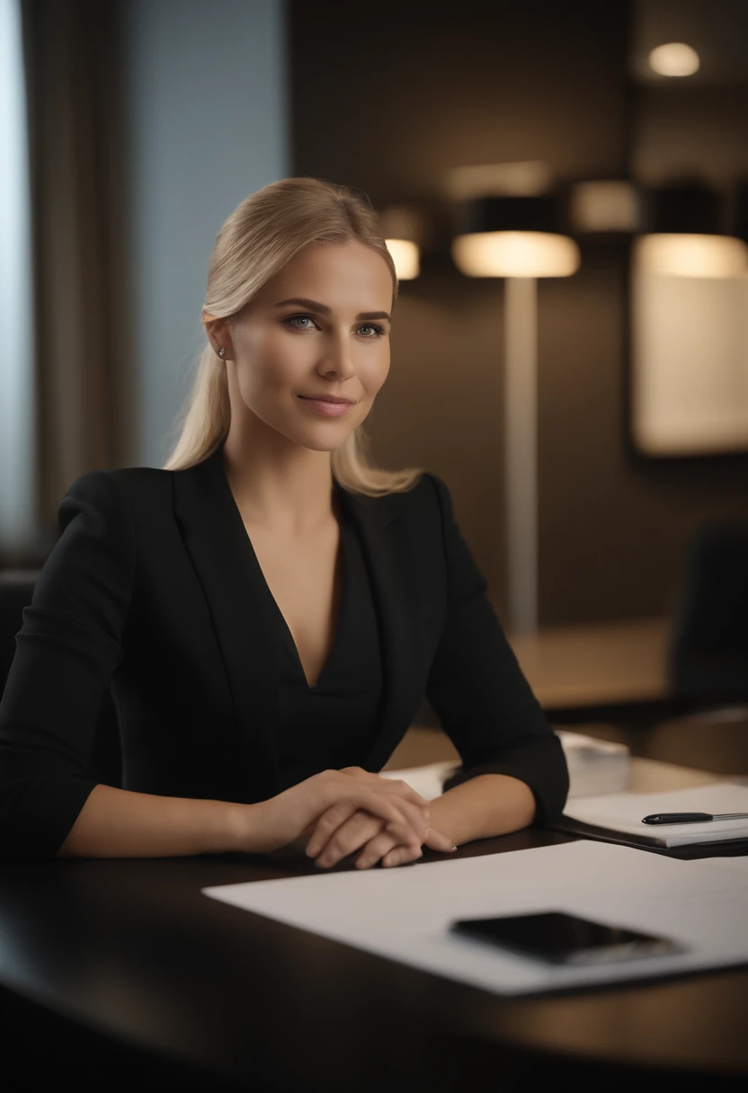 professional, (4k photo:1.1), high detail, wearing black business dress, beautiful detailed face, hazel eyes, not too long blonde hair, body shape, office board room with desk