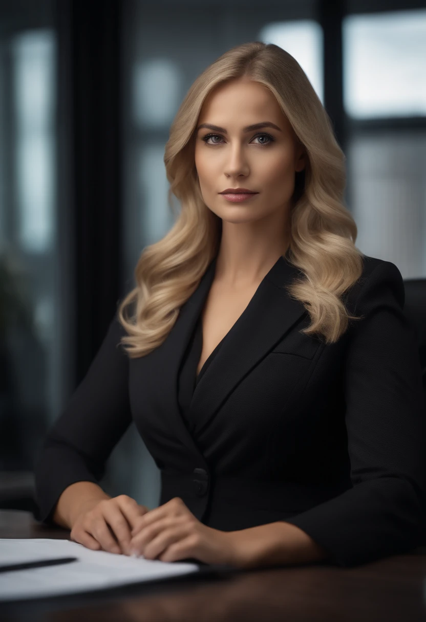 professional, (4k photo:1.1), high detail, wearing black business dress, beautiful detailed face, hazel eyes, not too long blonde hair, body shape, office board room with desk