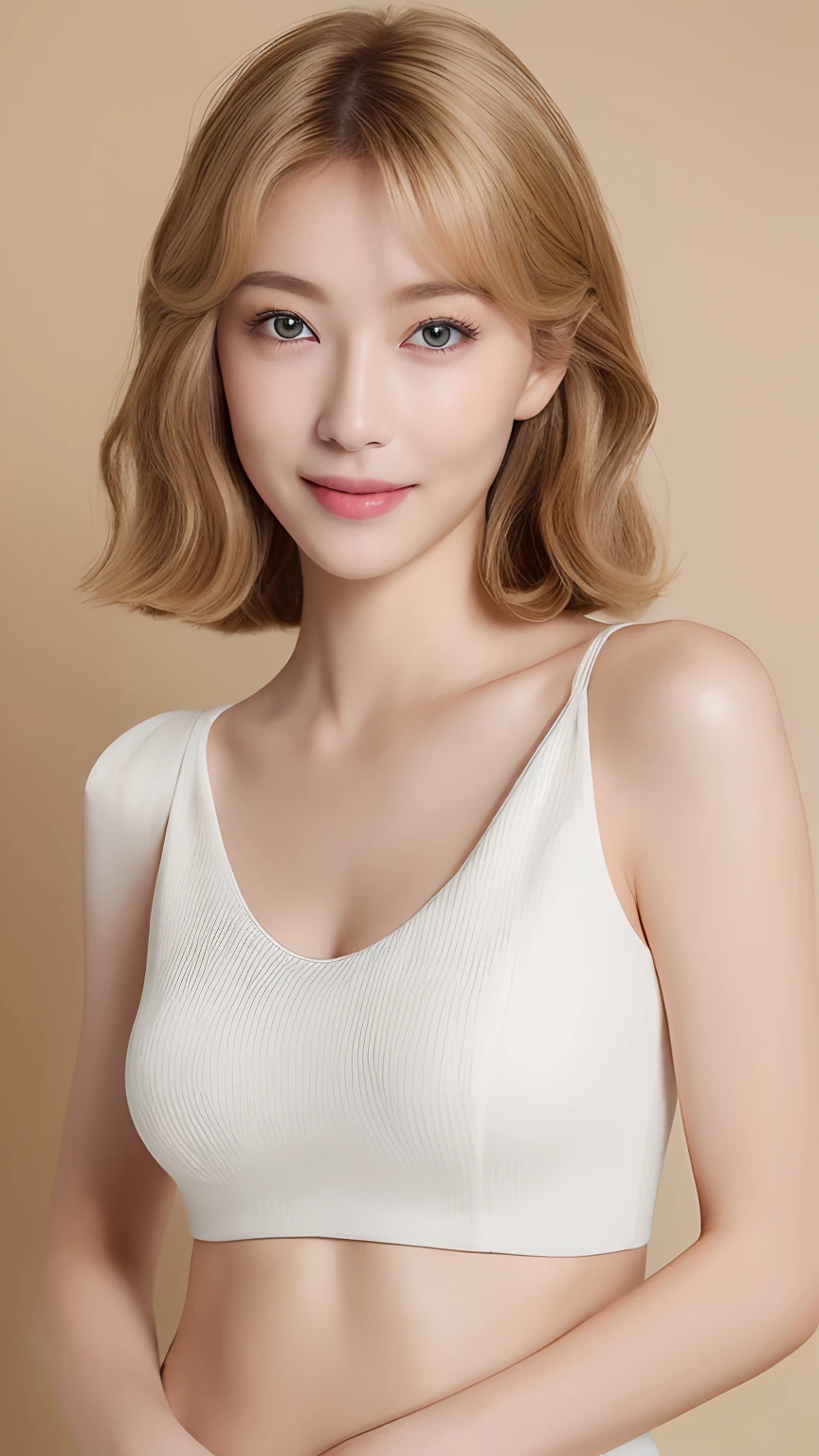((top-quality、8K、masterpiece:1.3))、1girl in、Slim Abs Beauty:1.3、(Hairstyle Casual、huge tit:1.2)、doress:1.1、Super fine face、Delicat eyes、二重まぶた、a smile、home、a blond
