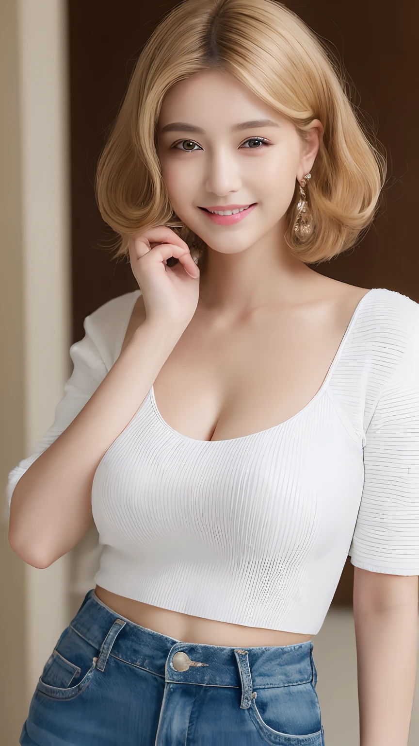 ((top-quality、8K、masterpiece:1.3))、1girl in、Slim Abs Beauty:1.3、(Hairstyle Casual、huge tit:1.2)、doress:1.1、Super fine face、Delicat eyes、二重まぶた、a smile、home、a blond