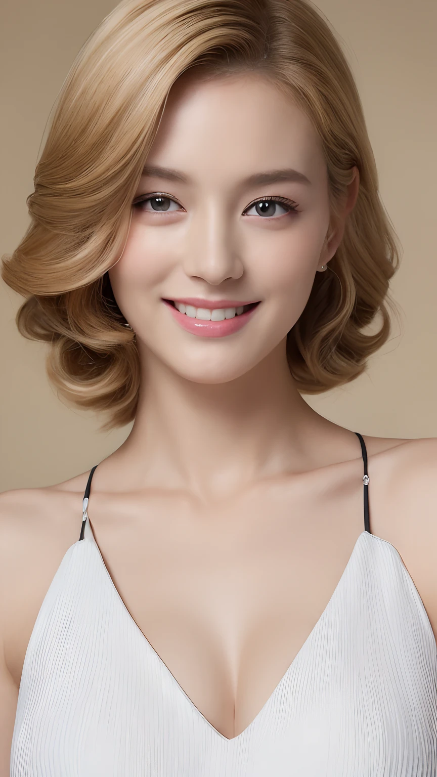 ((top-quality、8K、masterpiece:1.3))、1girl in、Slim Abs Beauty:1.3、(Hairstyle Casual、huge tit:1.2)、doress:1.1、Super fine face、Delicat eyes、二重まぶた、a smile、home、a blond